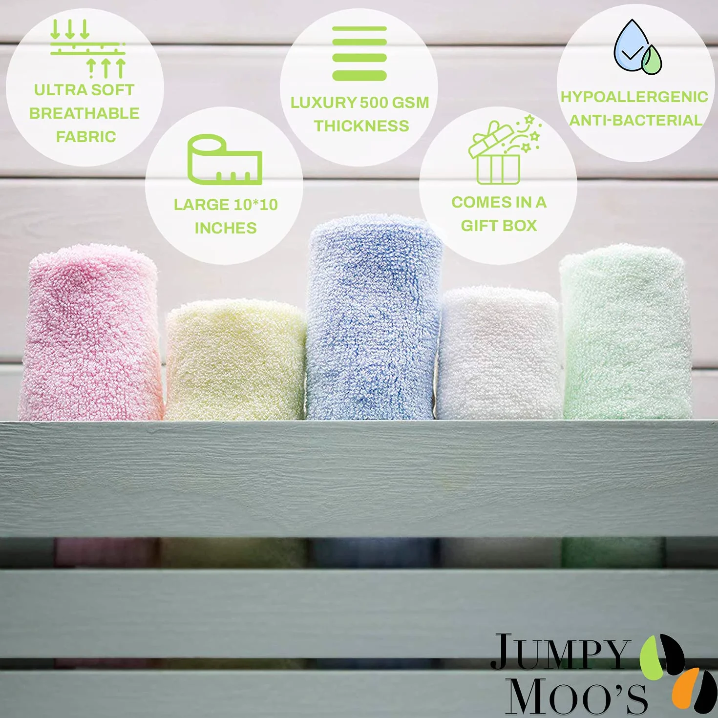 JM Lingette Lavable Bébé en Rayonne de Bambou - 25x25cm, 500 g/m² Ultra Épais et Absorbant, Coton Lavable, Débarbouillette Bébé Lavable, Doux pour les Peaux Délicates, Coffret Cadeau Inclus