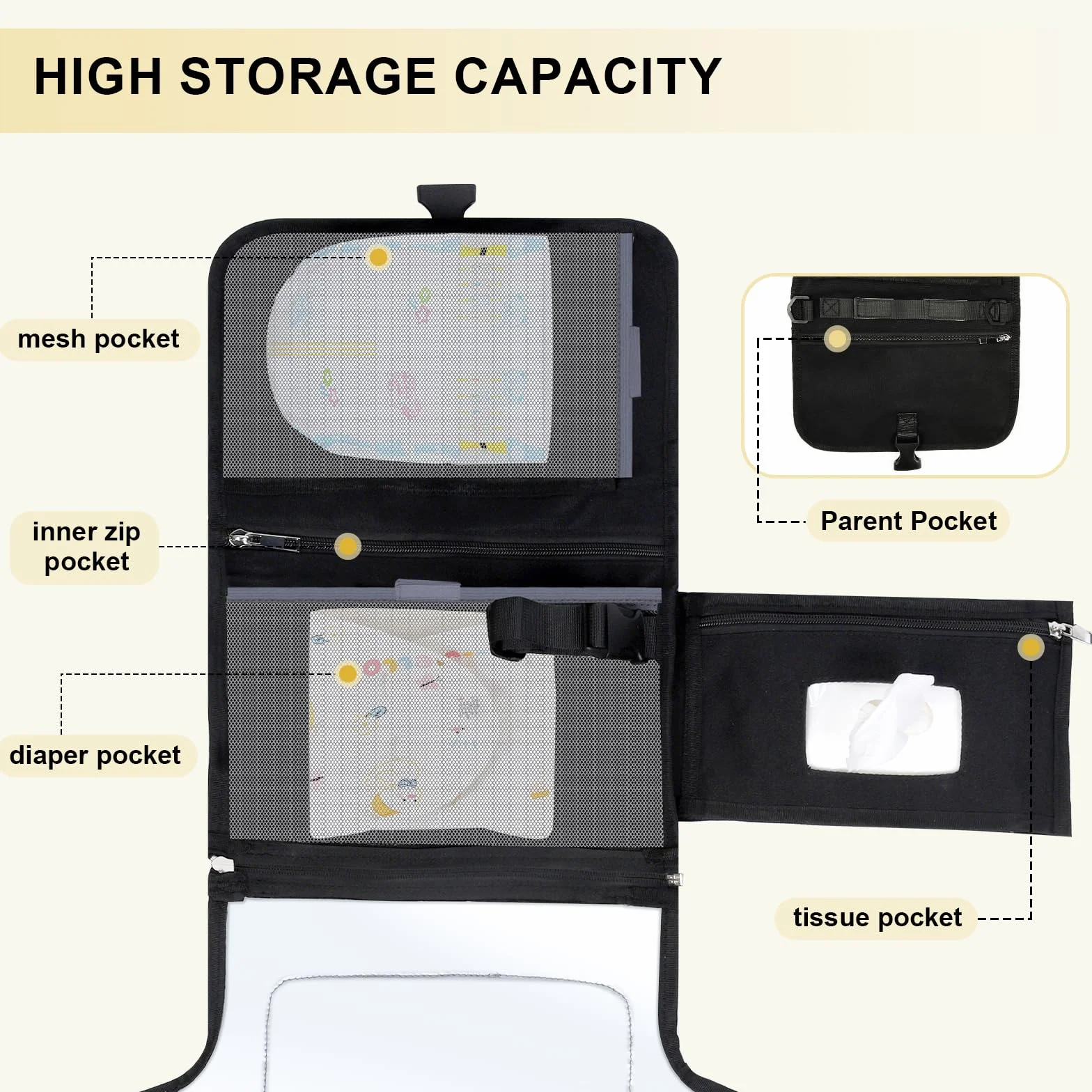 VINATO Matelas a Langer Bebe, Tapis à Langer Bébé Pliable et Portable avec Pochette Lingettes Humides, 70 x 56 cm, avec 5 Poches, Imperméable et Lavable pour les Déplacements, les Voyages