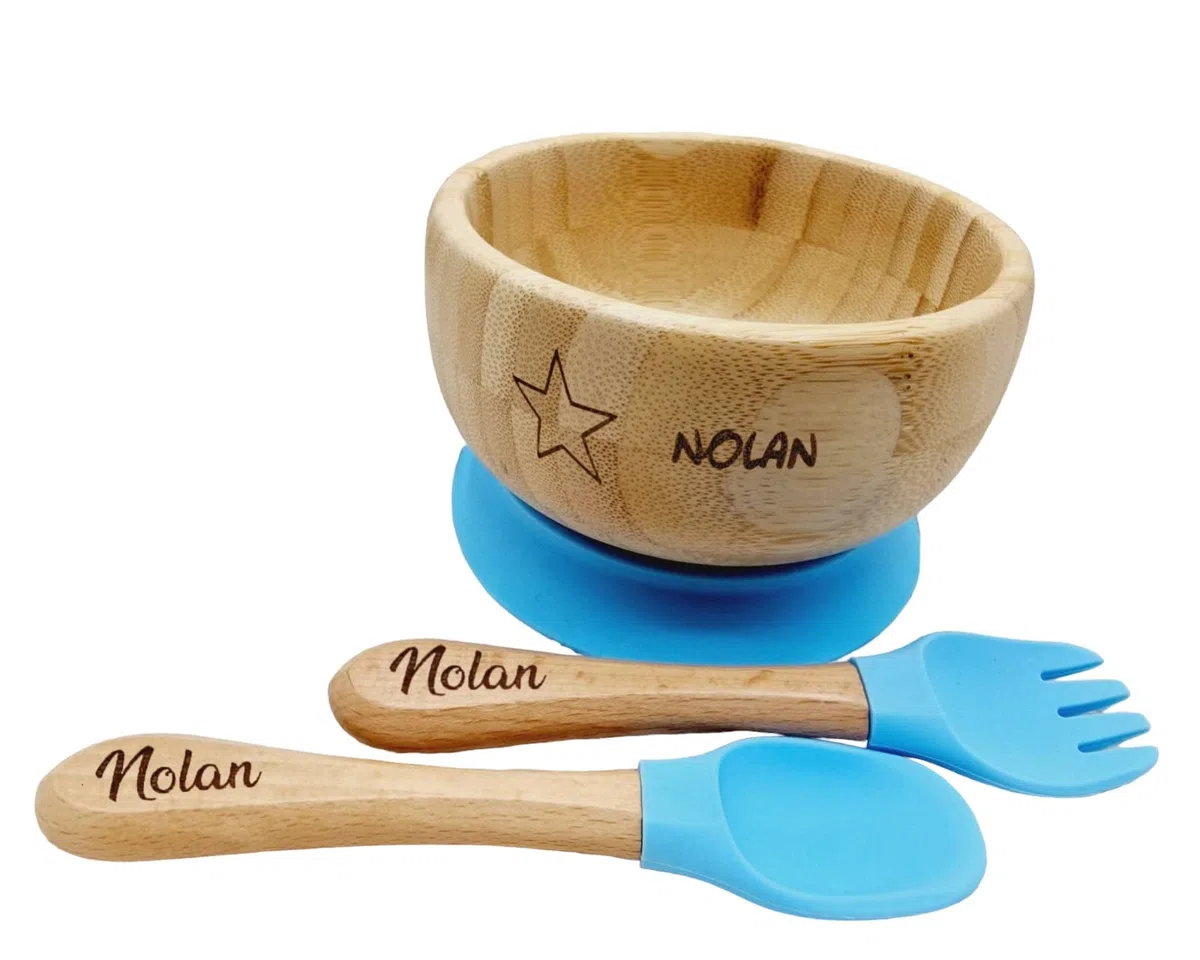 Bol et couverts personnalisés au prénom de l'enfant - Cadeau Noel - Cadeau Anniversaire -Diversification alimentaire - Idée Cadeau Originale