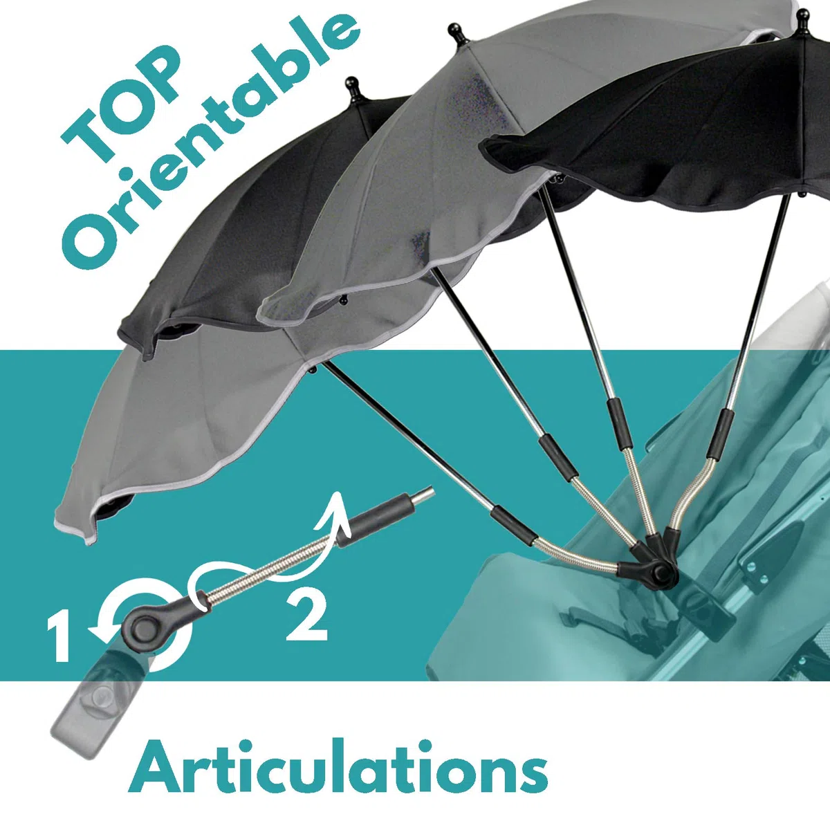Bambisol Ombrelle Poussette Universelle Anti UV | UPF 50+, Double Articulation | Noir BE