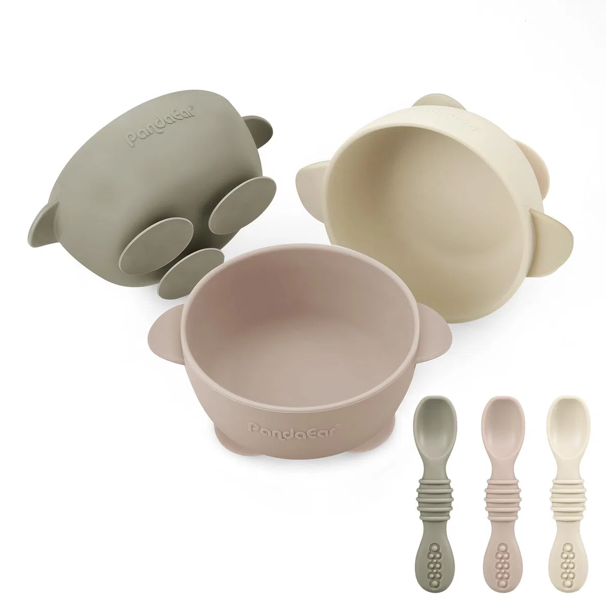 PandaEar Lot de 3 bols à ventouse pour bébé avec 3 cuillères, bol en silicone qui reste en place pour bébés en cours de sevrage pour enfants et tout-petits, sans BPA (Lin Marron Beige)