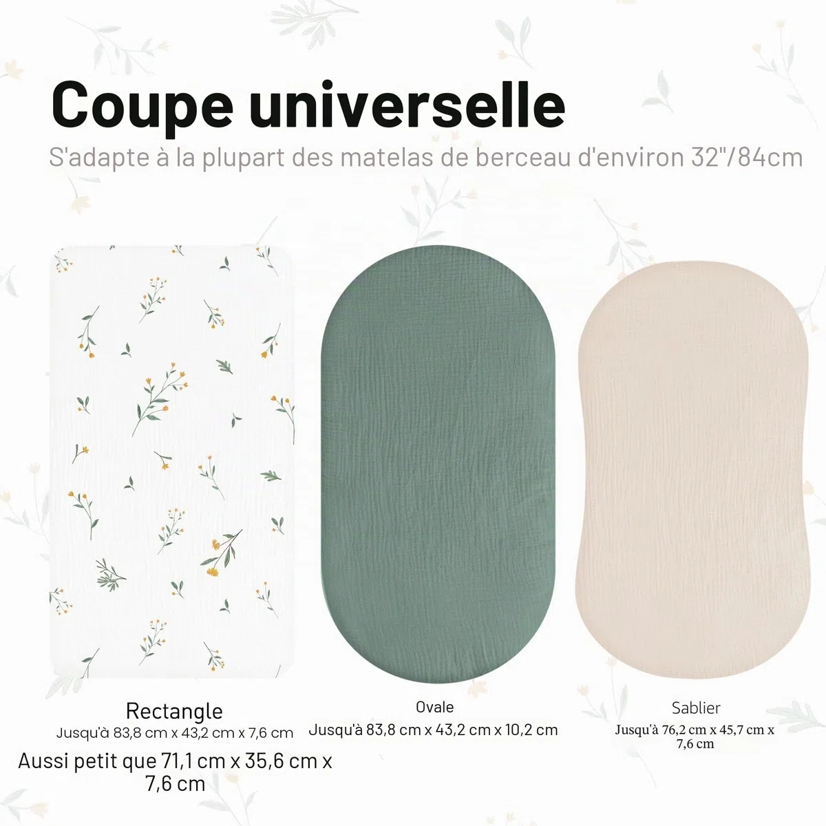 Lot de 3 draps-housses, protège-matelas, pour parc, 100 % mousseline de coton, doux, pour poussette, cadeau de naissance, couleur Floride