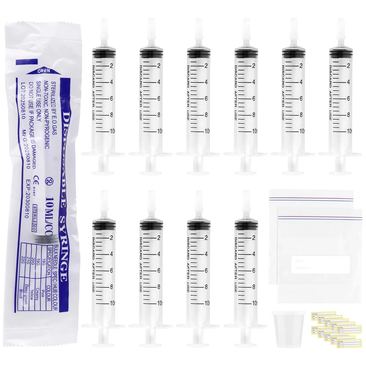 Lot de 20 seringues de colostrum de 3 ml avec bouchons, kit de collecteur de colostrum avec tasse à mesurer de 30 ml, 2 sacs de rangement et 20 autocollants (10ml-20PCS)