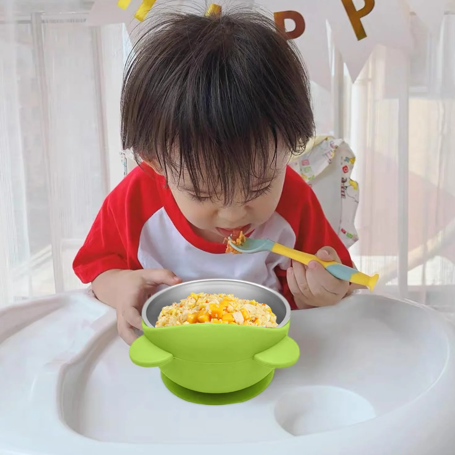 Assiette Bébé Ventouse et Bols en Acier Inoxydable et Silicone, Résistants aux Chutes, Lavables au Lave-Vaisselle, 4 Pièces, Bleu et Vert