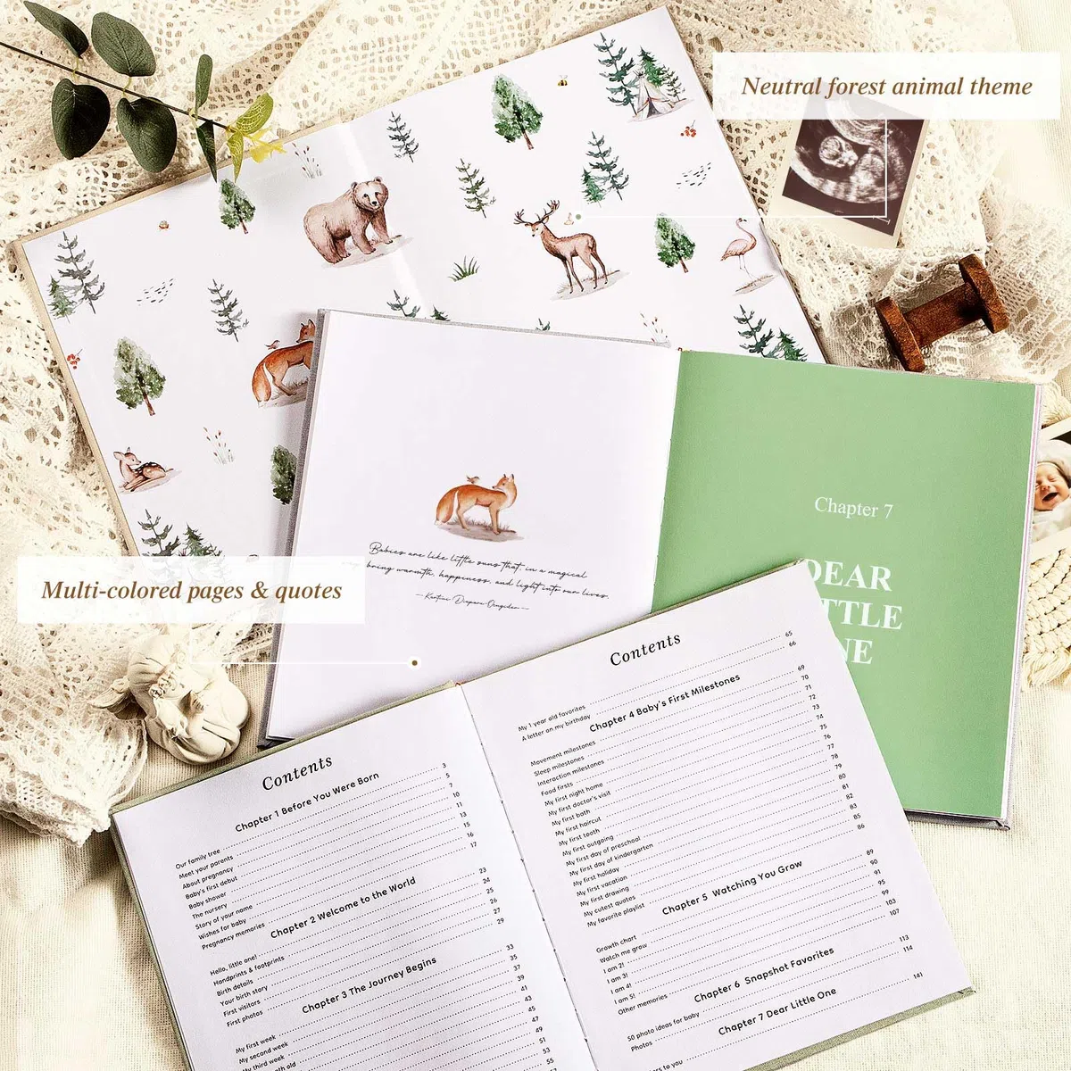 Lanpn Livre de Naissance Bébé Fille Garçon - Livre de Naissance Bebe 154 Pages Première Année à 5 Ans - Album Photo Journal Naissance Bébé pour Coller Photos Écrire Cadeau Naissance, Anglais, Vert