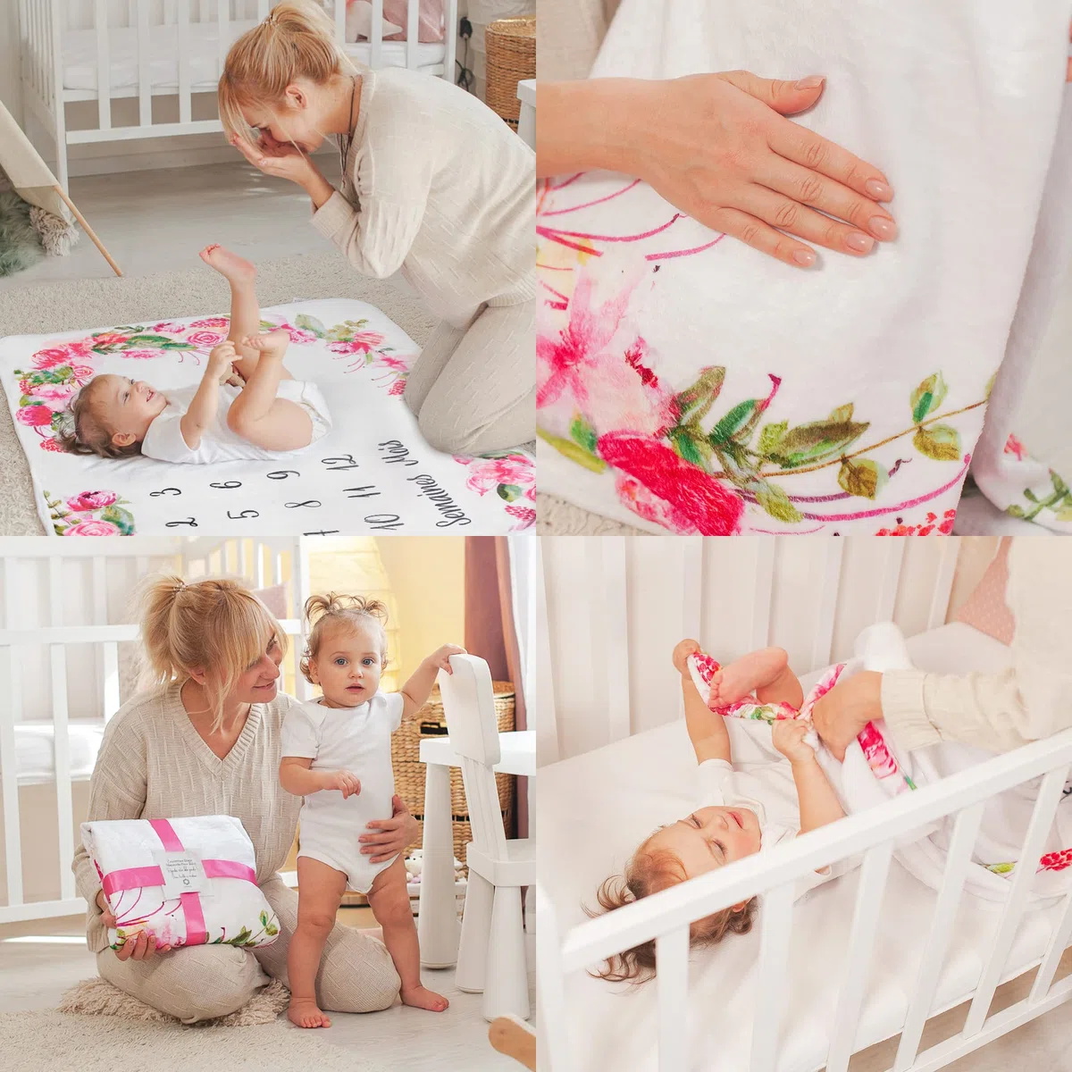 Couverture Etape Bébé en Français | Tapis Mois Bebe Garçon Ou Fille, Unisexe | Thème Fleurs, Feuilles | Cadeau Baby-Shower Personnalisé Jeunes Mamans | Tapis Photo Bebe | Doux, Confortable