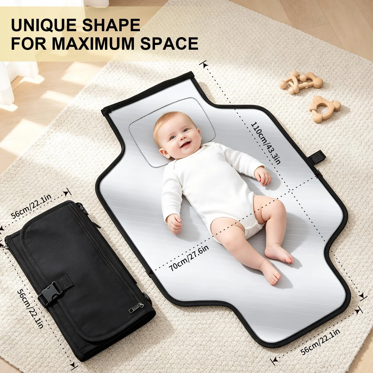 VINATO Matelas a Langer Bebe, Tapis à Langer Bébé Pliable et Portable avec Pochette Lingettes Humides, 70 x 56 cm, avec 5 Poches, Imperméable et Lavable pour les Déplacements, les Voyages