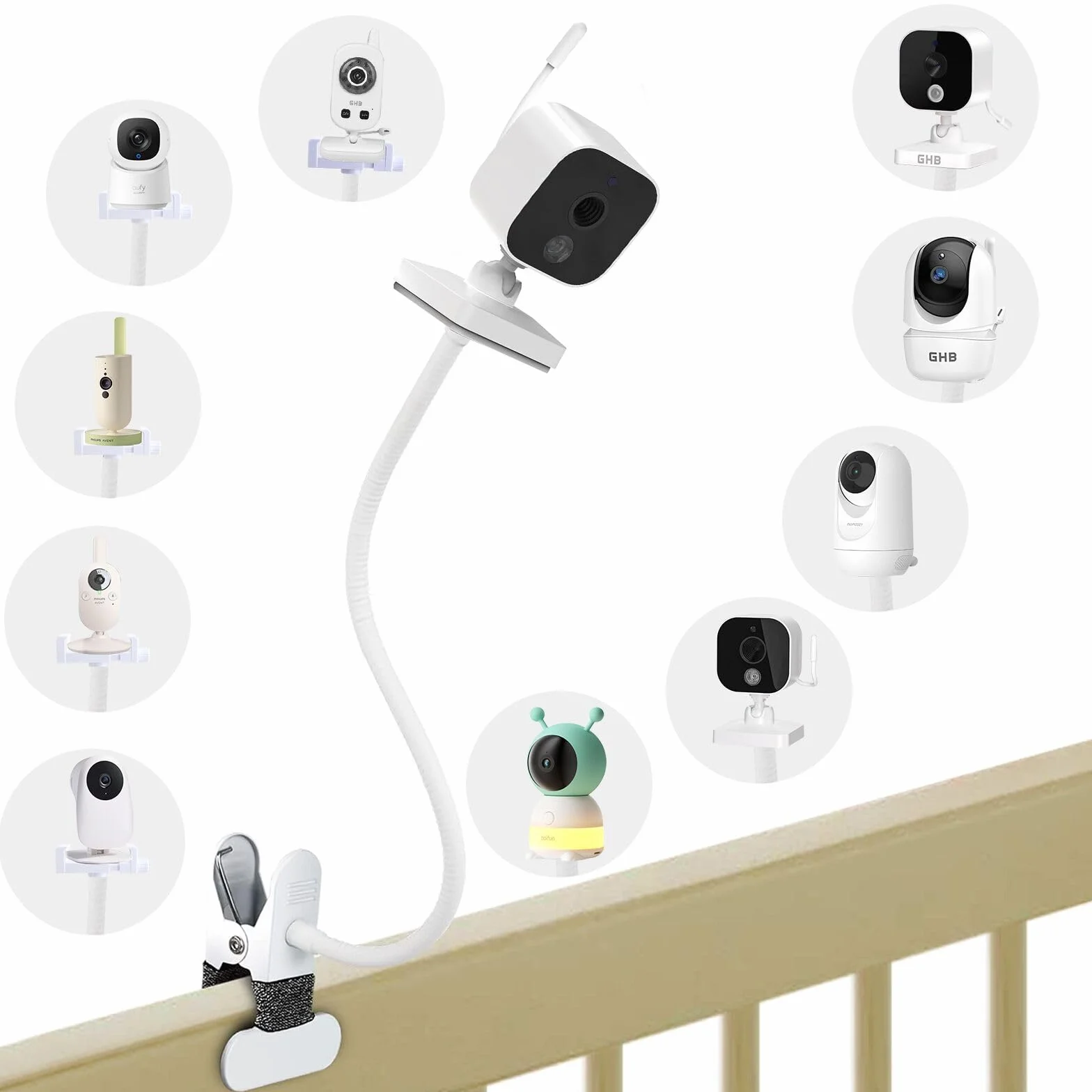Support Universel pour GHB Babyphone, Flexible Support de Caméra Bébé pour Philips Avent, Compatible avec Moniteur OBVHNUA/momcozy/BOIFUN/ieGeek/Taktark, Fixation sans Perçage pour Lit Bébé et Chambre