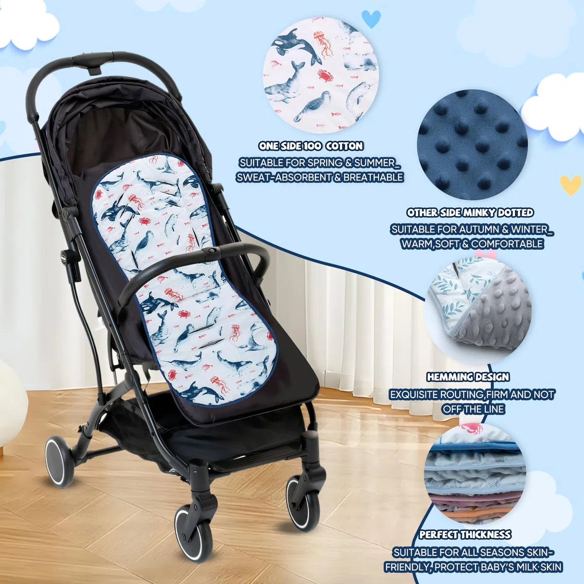 Universel Coussin de Siège pour Poussette, Réversible Coussin Réducteur Poussette, Confortable et Respirant, Compatible avec Poussettes, Sièges-Auto, Berceaux et Chaises Hautes (Baleine)