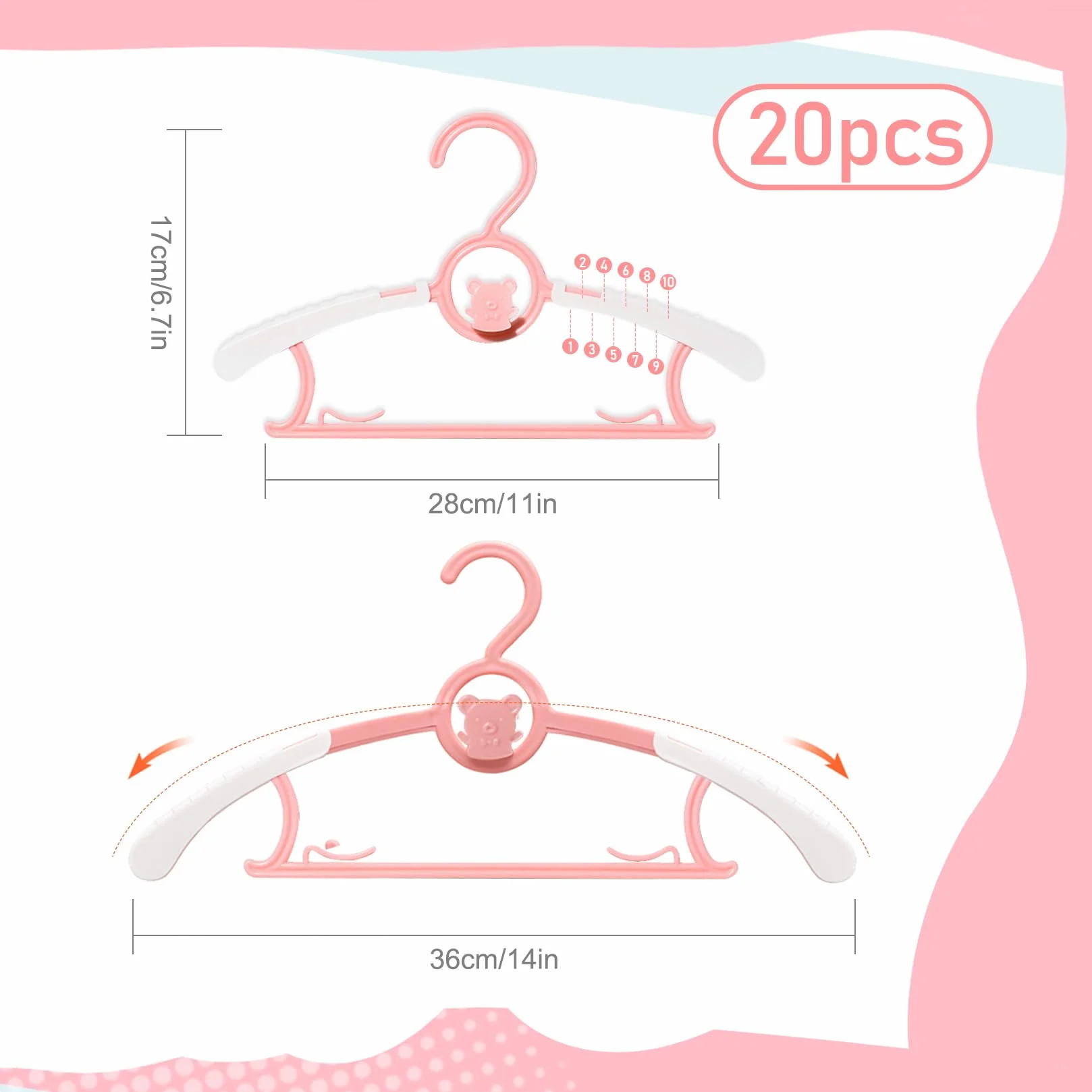 20 pièces Cintre Enfant Cintres Enfants Cintres Bebe ceintres pour Enfant Cintre Bébé Extensible Plastique avec Crochets Oursons Empilables pour vêtements d'enfants et Bébé