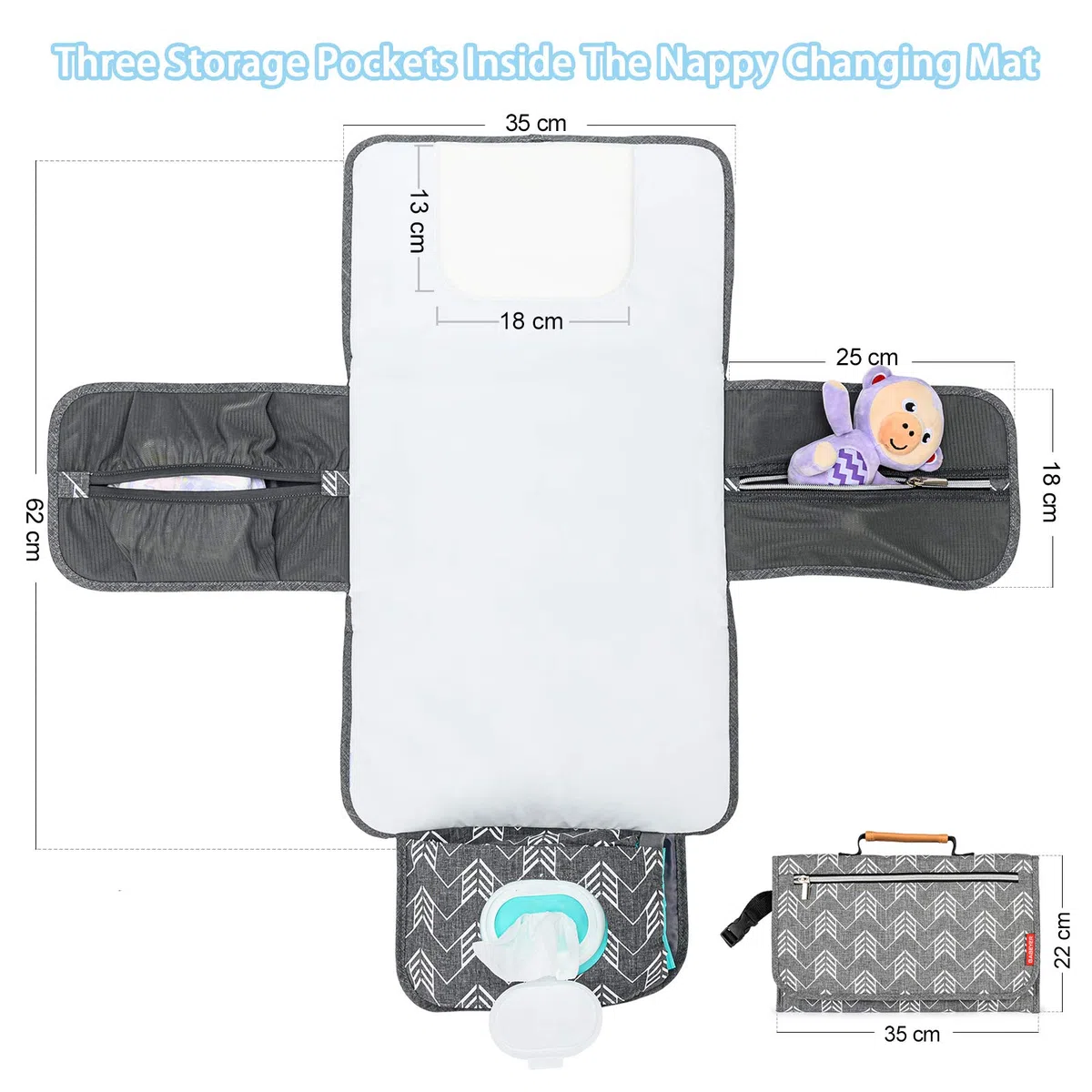 Matelas à langer portable avec poches de rangement pour tout-petits, nourrissons et nouveau-nés, gris