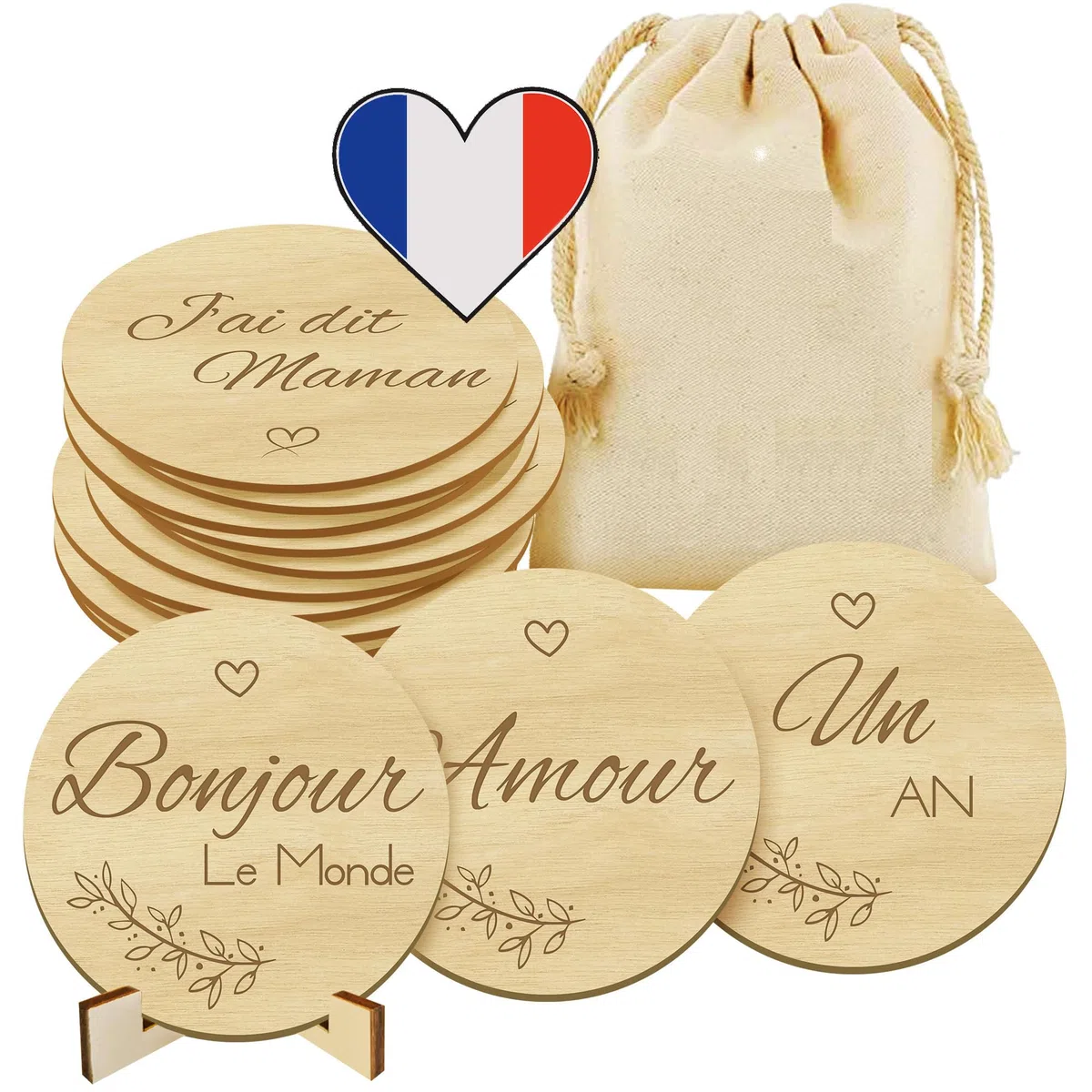 Carte Etape Bébé Bois - Cartes 30 Moments Nouveau Né Mois par Mois et 1ère Fois | Pochette + 15 Disques Gravés Recto Verso + Support en Bois inclus - Cadeau de Naissance et Grossesse