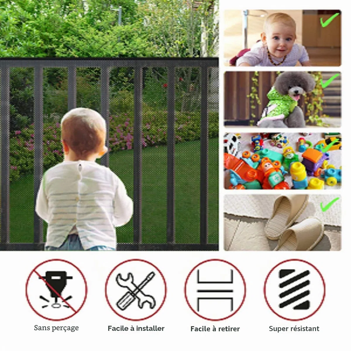 Filet de Sécurité pour Enfants, Bébé Filet de Protection pour Balcon et Escalier, 300Lx90H CM Robuste Réglable Clôture D'escalier Barriere de Securite en Maille pour Chat et Jouet, Noir