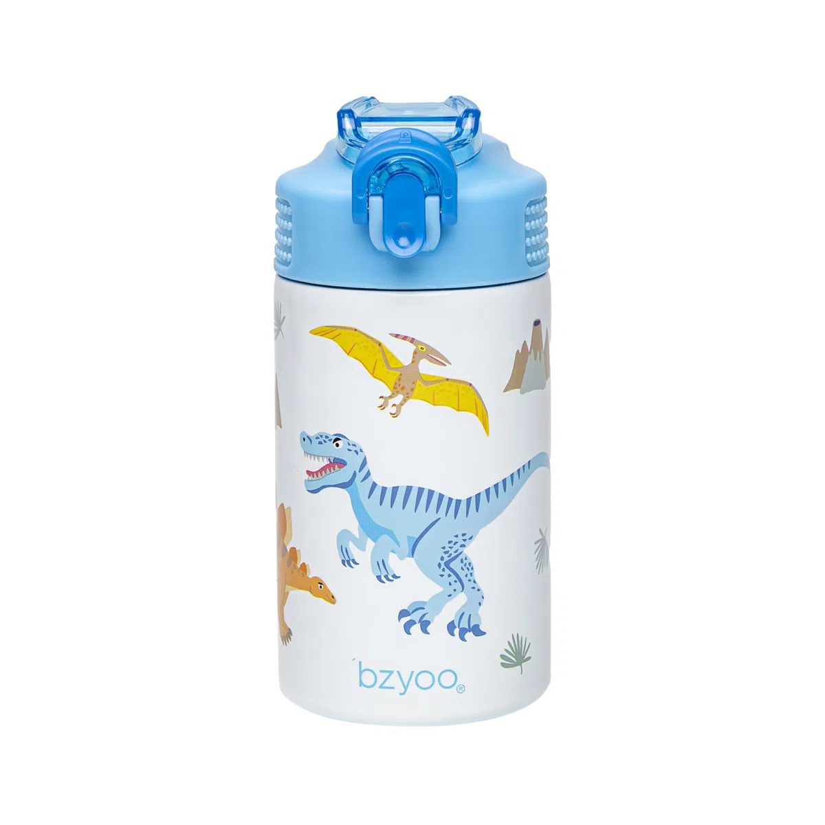 bzyoo HappyPal Gourde en acier inoxydable pour enfant, 39 g, blanche, avec poignée bleue, motif dinosaure, bouchon à paille et couvercle, fermeture sécurisée, idéale pour les déplacements
