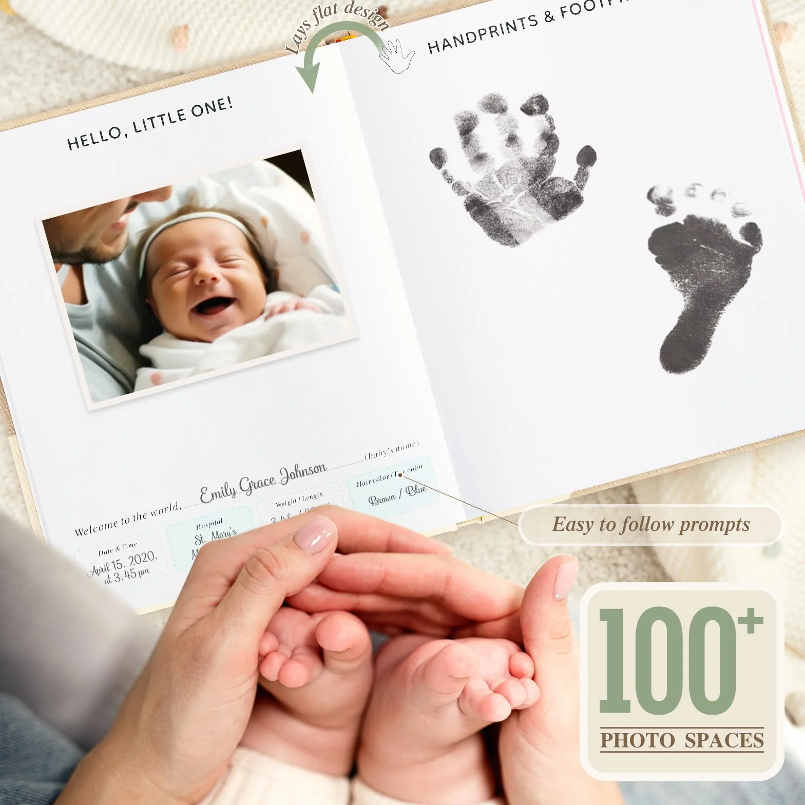 Lanpn Livre de Naissance Bébé Fille Garçon - Livre de Naissance Bebe 154 Pages Première Année à 5 Ans - Album Photo Journal Naissance Bébé pour Coller Photos Écrire Cadeau Naissance, Anglais, Vert