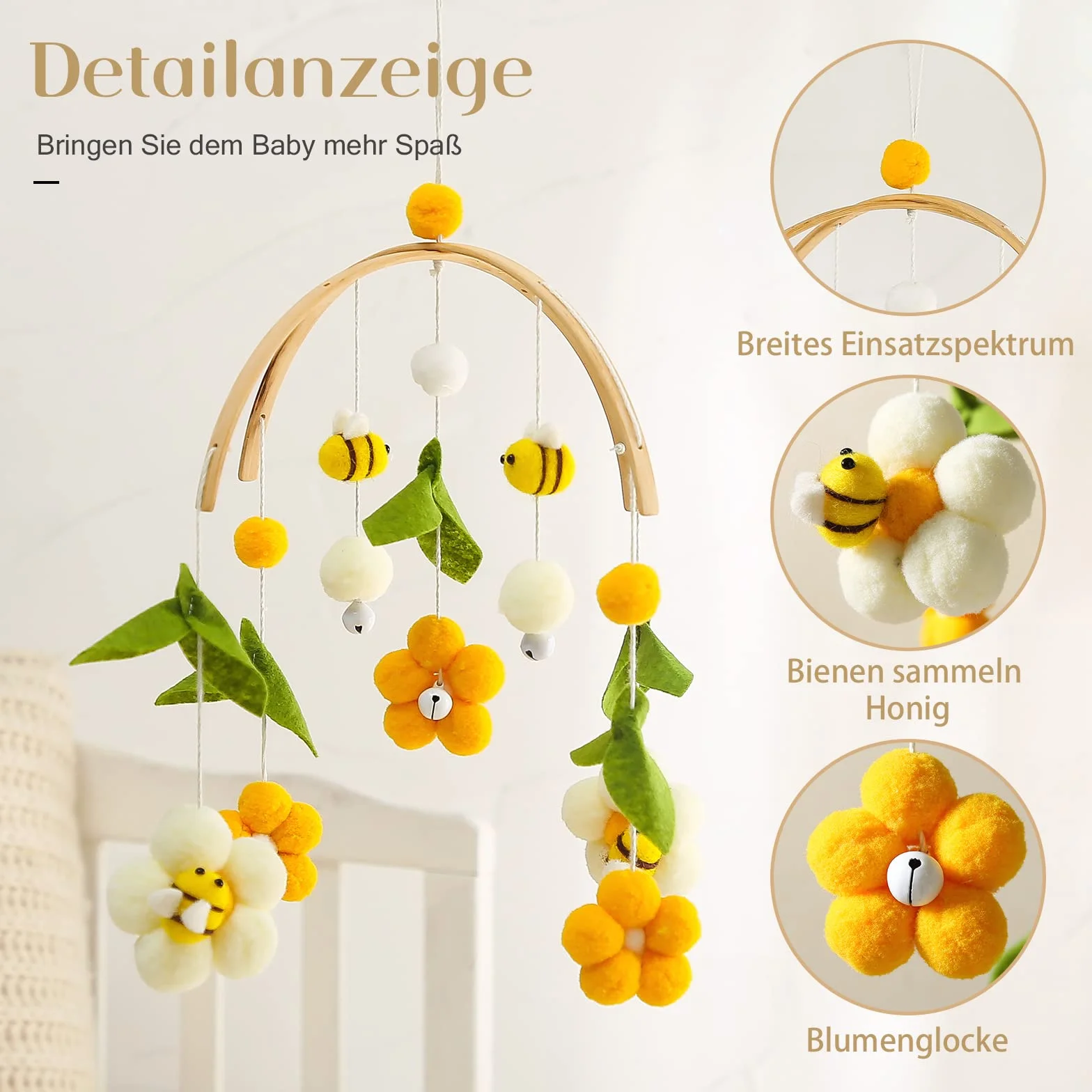 let's make Mobile bébé en bois + pelote de laine, carillon éolien, table à langer, clochette de lit suspendue, étoiles et lune, cadeau pour bébé fille ou garçon (Abeilles)