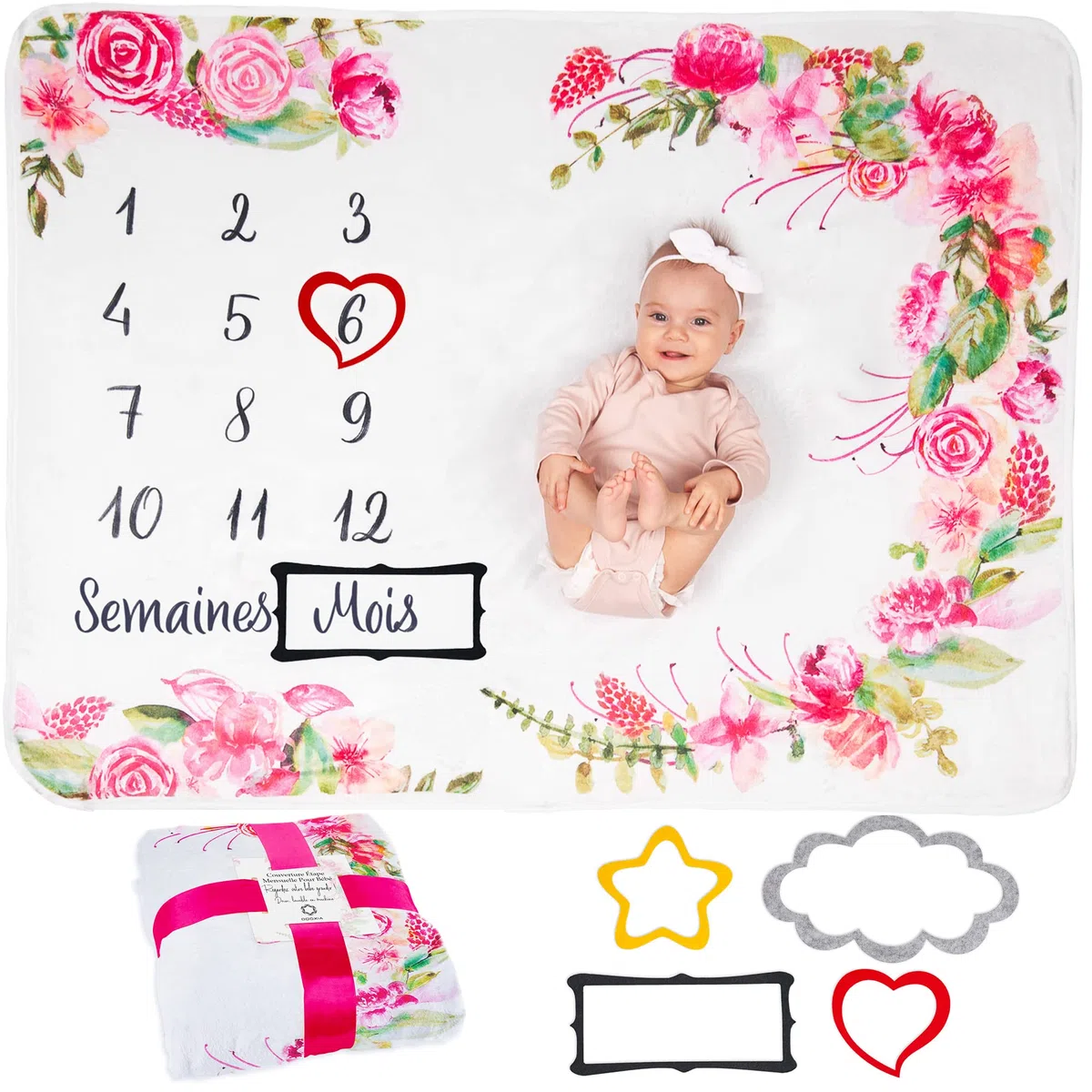 Couverture Etape Bébé en Français | Tapis Mois Bebe Garçon Ou Fille, Unisexe | Thème Fleurs, Feuilles | Cadeau Baby-Shower Personnalisé Jeunes Mamans | Tapis Photo Bebe | Doux, Confortable