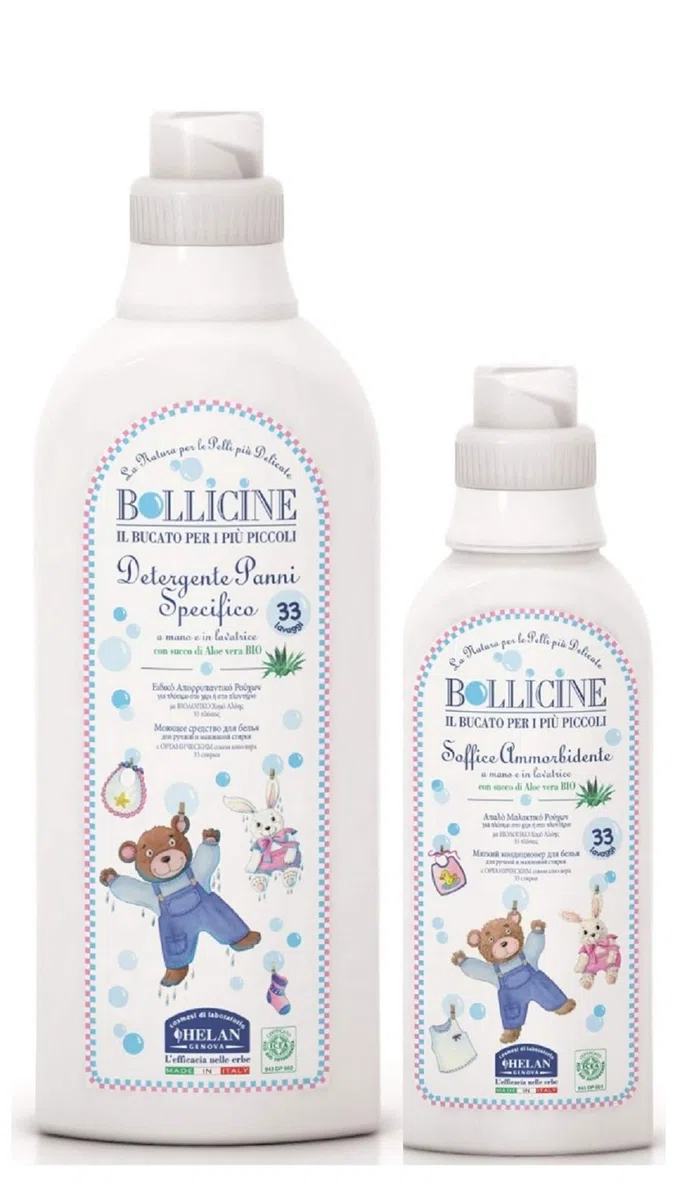 Helan Bollicine Ensemble de lessive liquide pour vêtements de bébé 1 l + assouplissant concentré à l'aloe vera 500 ml – Végétalien, idéal pour le lavage à la main et en machine, fabriqué en Italie