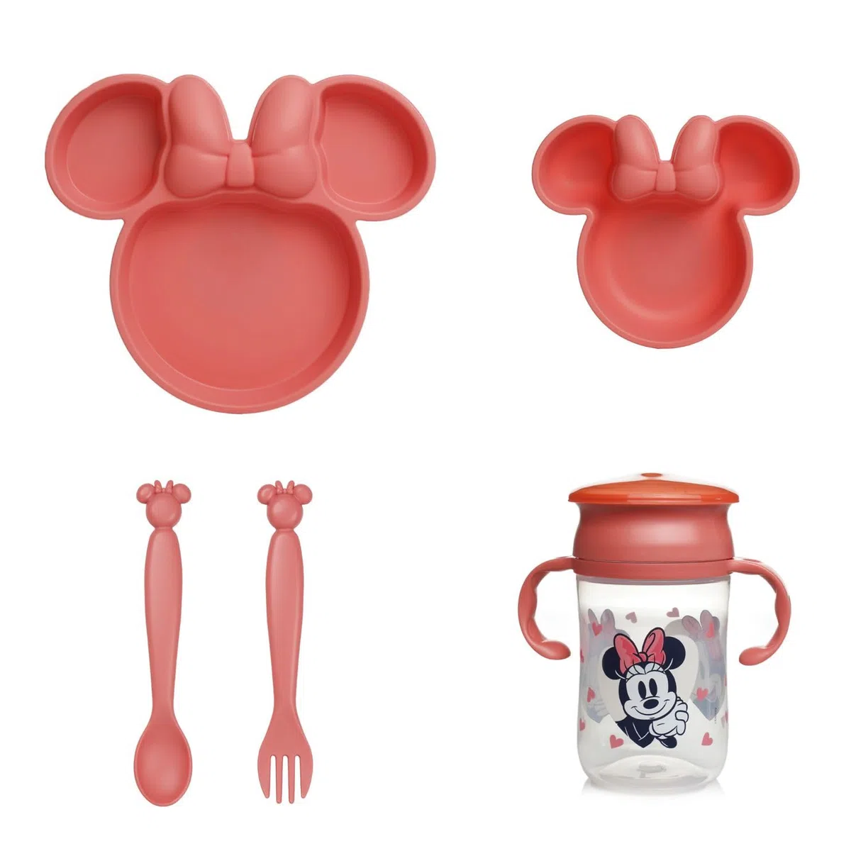 Set De Vaisselle Pour Enfants DISNEY Minnie - Assiette Compartimentée - Bol - Cuillère - Fourchette Et Tasse D'Apprentissage 360° - Design Amusant Et Pratique Pour Repas Bébé