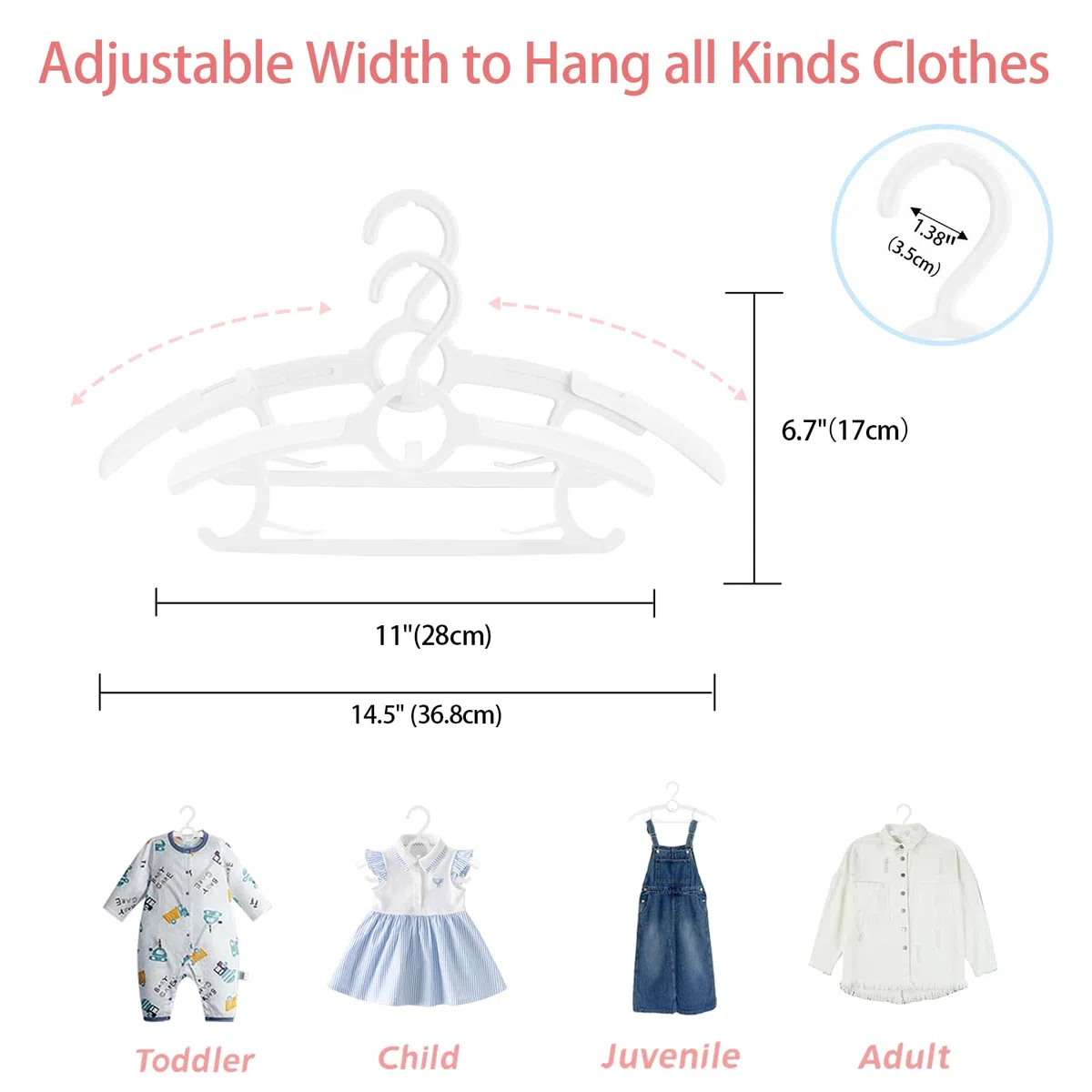 ManGotree Cintres pour bébés, cintres Ajustables antidérapants pour Enfants 28cm-36.8cm, cintres empilables en Plastique (20 Paquets, Blanc)