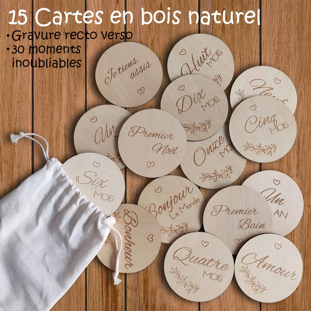 Carte Etape Bébé Bois - Cartes 30 Moments Nouveau Né Mois par Mois et 1ère Fois | Pochette + 15 Disques Gravés Recto Verso + Support en Bois inclus - Cadeau de Naissance et Grossesse