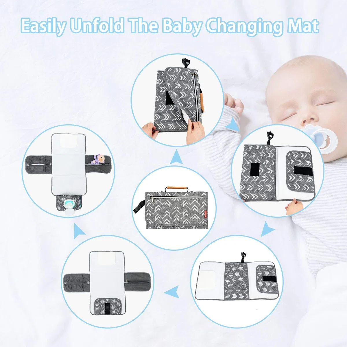 Matelas à langer portable avec poches de rangement pour tout-petits, nourrissons et nouveau-nés, gris
