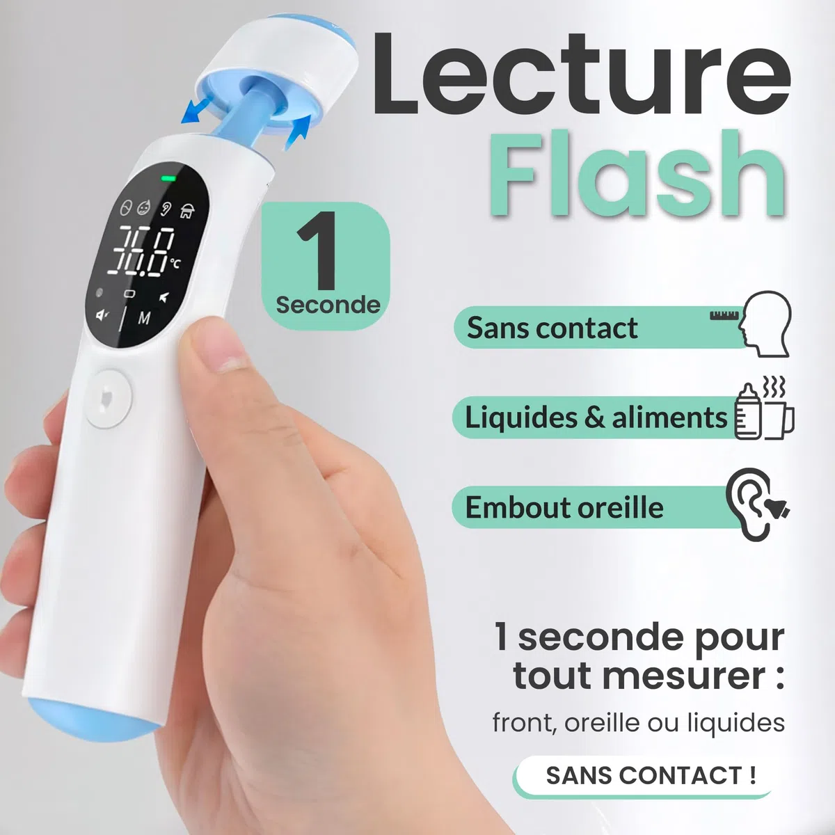 Thermomètre Frontal et Auriculaire Infrarouge FARMAQO 4 en 1, Sans Contact Bébé Enfant Adulte, Bluetooth avec Application VitaConnect, Mesure en 1 Seconde, Alerte Fièvre 3 Couleurs, Garantie 3 Ans