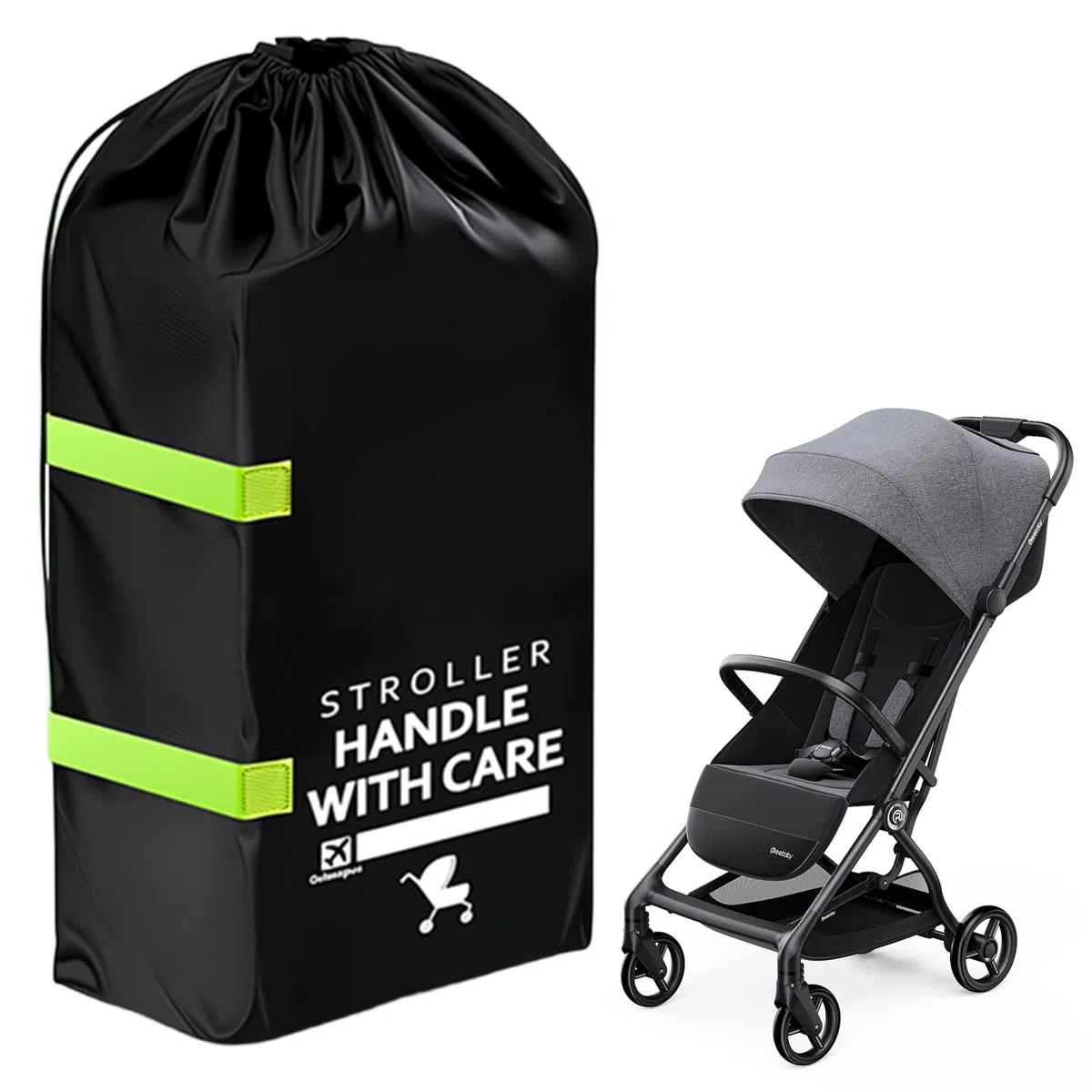 Sac de Voyage pour Poussette, 120 x 60 x 38cm Sac de Rangement Universel pour Poussette avec Bandoulière, Housse Poussette Canne pour Voyage, Avion, Voiture