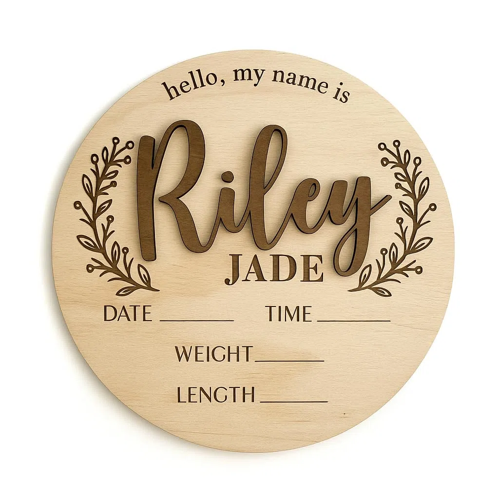 Plaque de Naissance Personnalisée - Carte Bienvenue en Bois Gravée - Panneau Prénom Bébé avec Texte Personnalisable - Accessoire pour Séance Photo de Naissance, Décoration chambre bébé (Design 2)