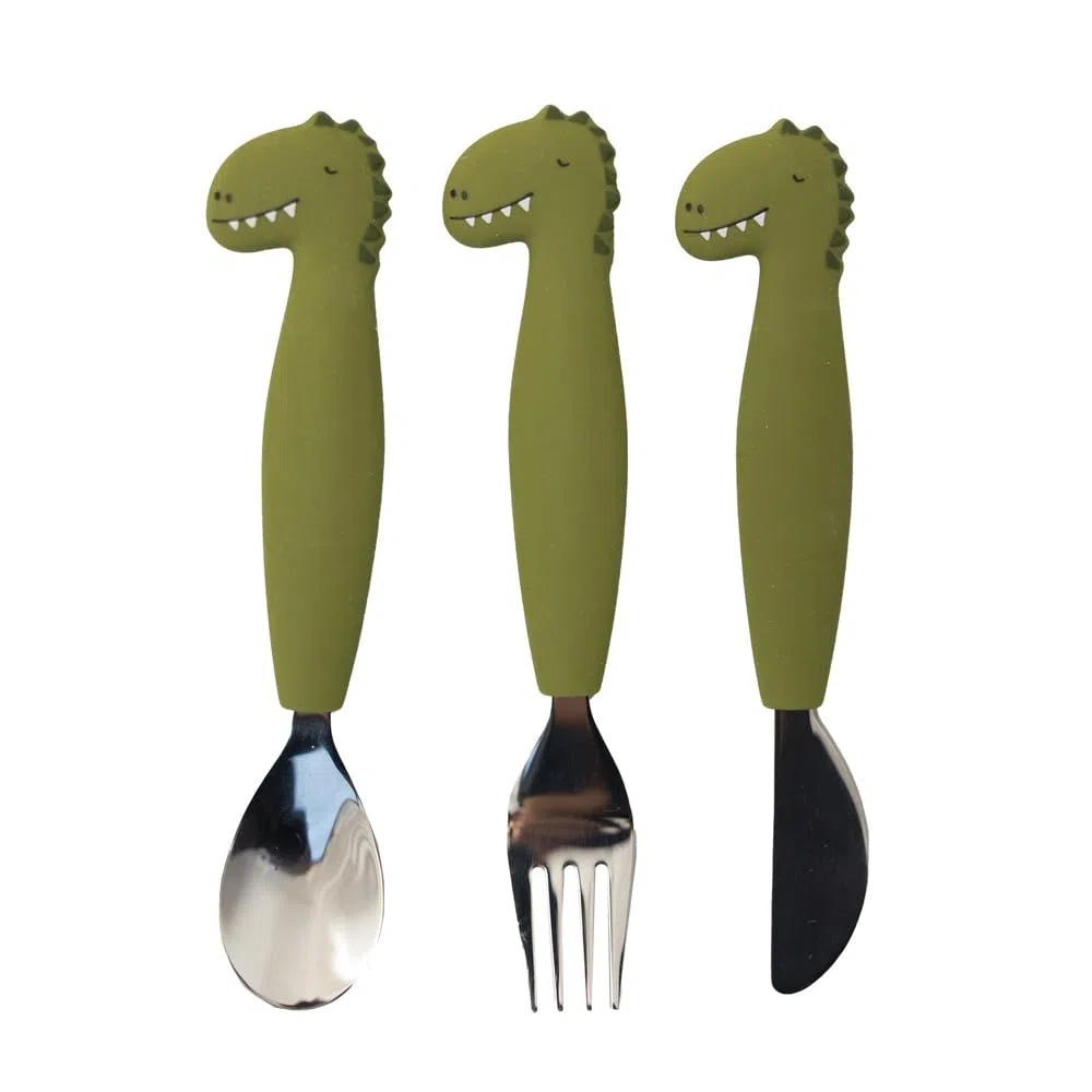 Trixie - Ensemble de Couverts en Silicone et Acier Inoxydable pour Bébés et Enfants - 3 Pièces (Fourchette, Cuillère et Couteau) - Mr. Dino (Dinosaure)