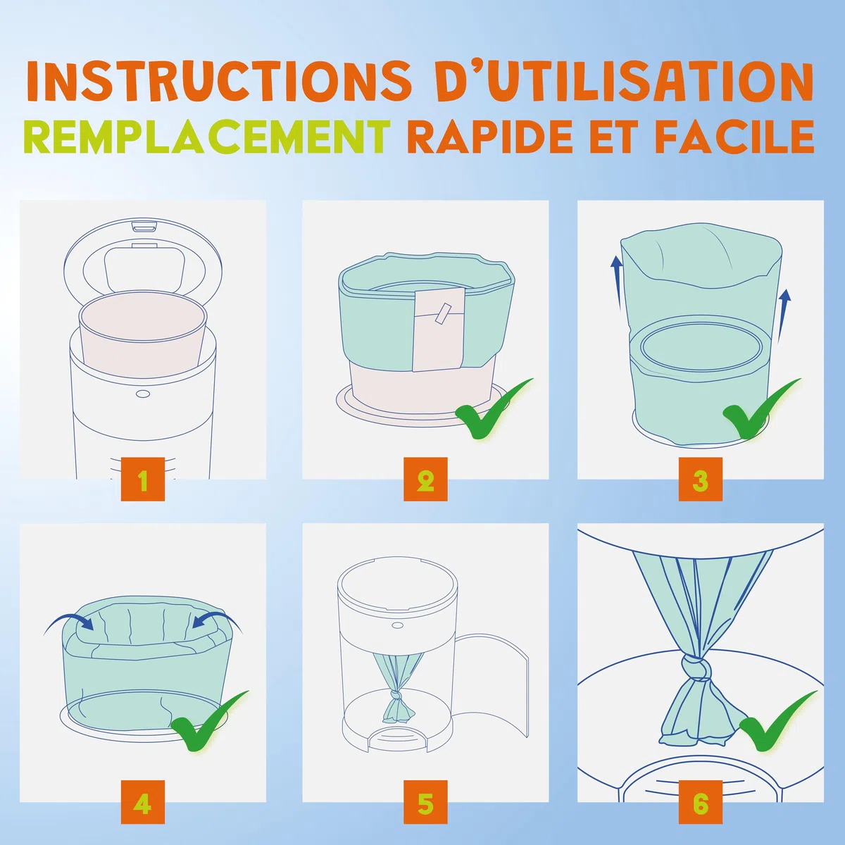 Sacs de Recharges LillOne Compatibles avec les Poubelles Korbell Classic 16 Litres et Litter Champ – Pack de 4 Recharges Poubelles à Couches - 12 Mètres de Recharge pour Litière Chats - Extra Longues