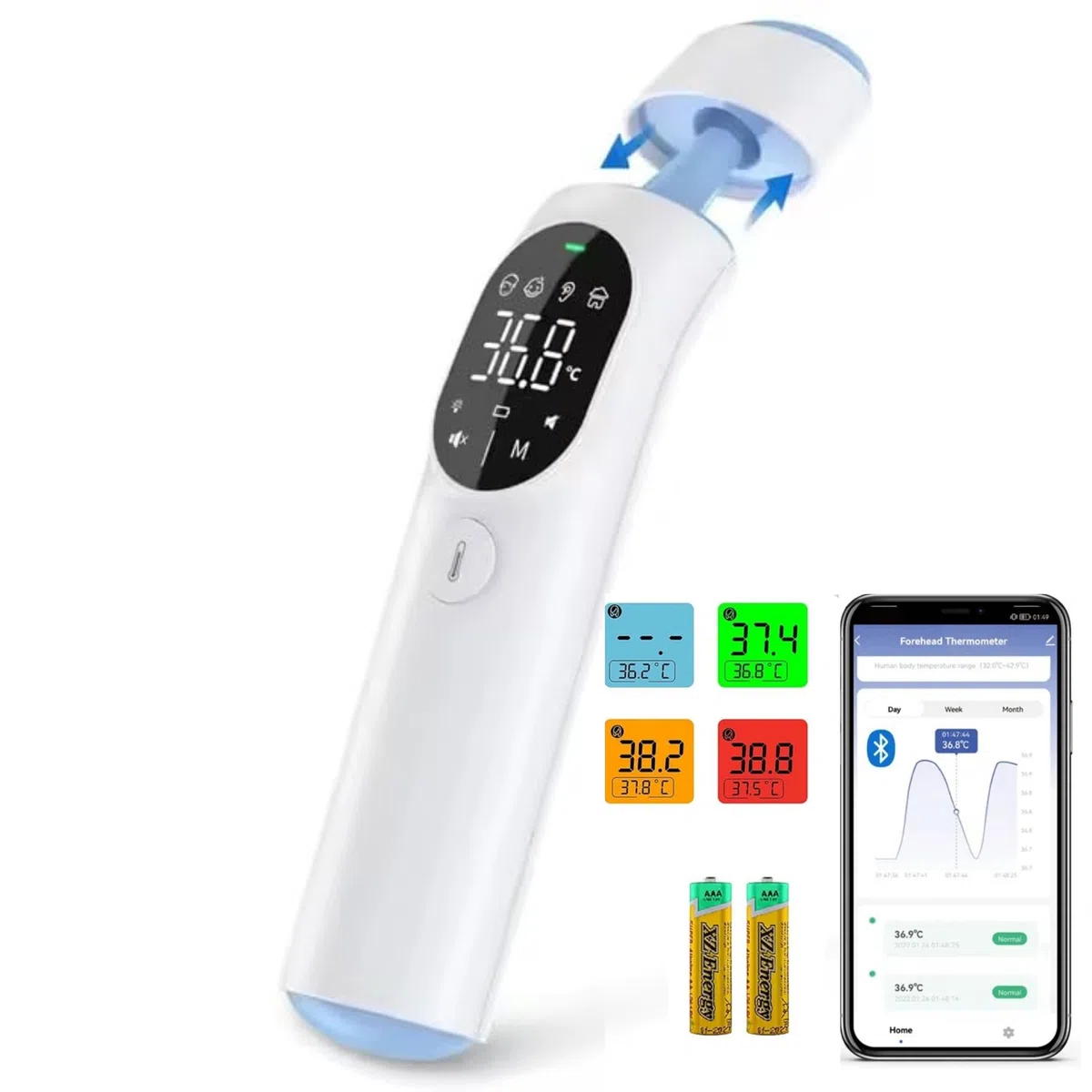Thermomètre Frontal et Auriculaire Infrarouge FARMAQO 4 en 1, Sans Contact Bébé Enfant Adulte, Bluetooth avec Application VitaConnect, Mesure en 1 Seconde, Alerte Fièvre 3 Couleurs, Garantie 3 Ans