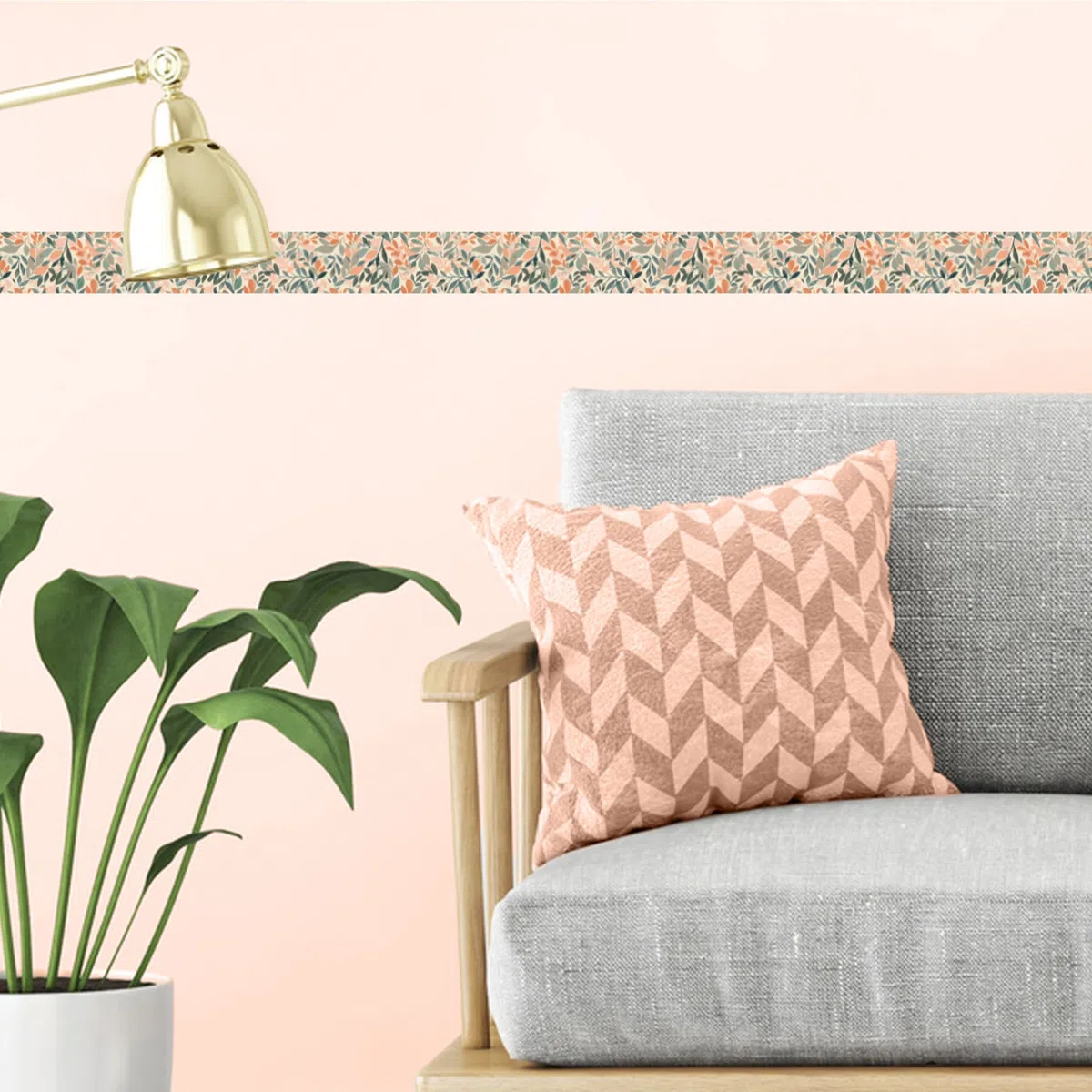 Frise décorative adhésive, fleurs pastels, feuillage, beige, vert, rose pastel, 9 cm X 300 cm