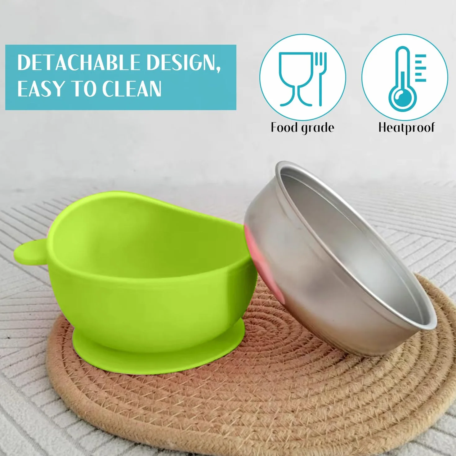Assiette Bébé Ventouse et Bols en Acier Inoxydable et Silicone, Résistants aux Chutes, Lavables au Lave-Vaisselle, 4 Pièces, Bleu et Vert