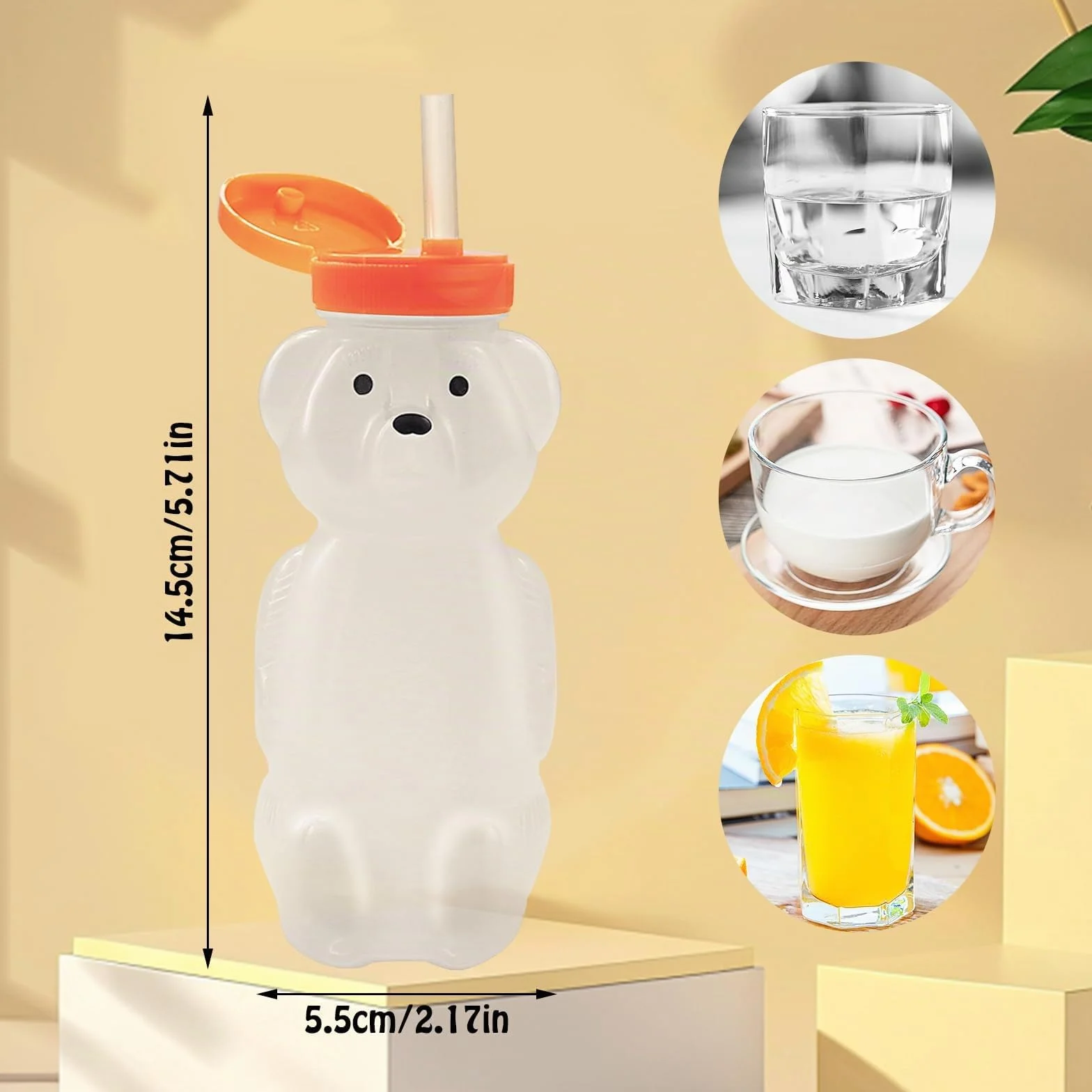 Gobelets en paille en forme d'ours à miel, réutilisables sans BPA, lot de 2 avec pailles et brosses