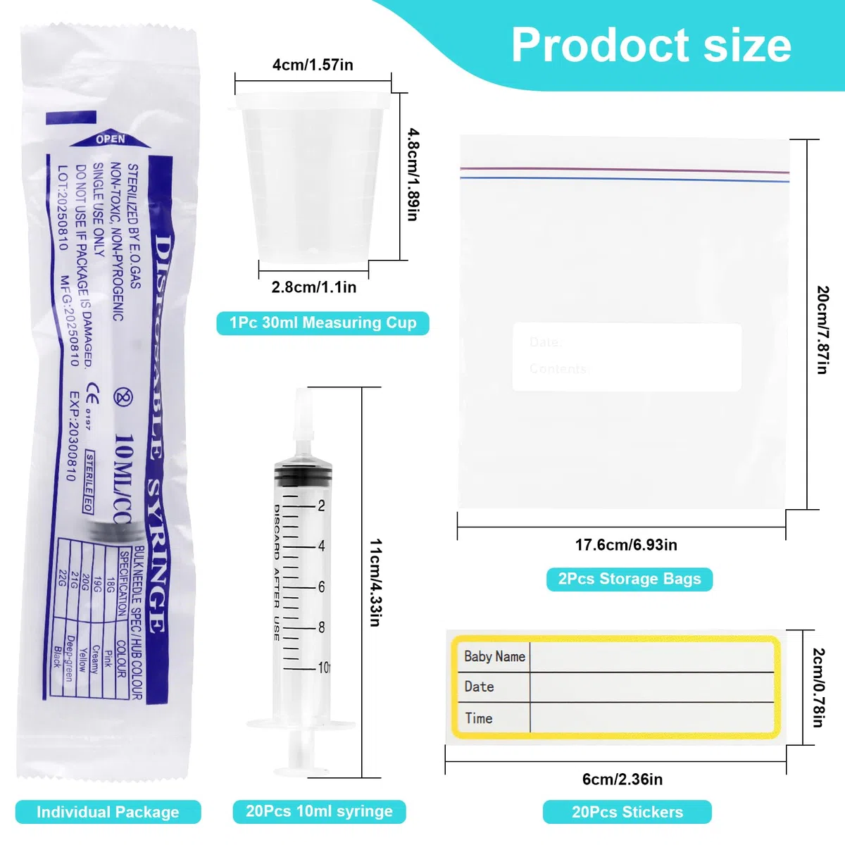 Lot de 20 seringues de colostrum de 3 ml avec bouchons, kit de collecteur de colostrum avec tasse à mesurer de 30 ml, 2 sacs de rangement et 20 autocollants (10ml-20PCS)