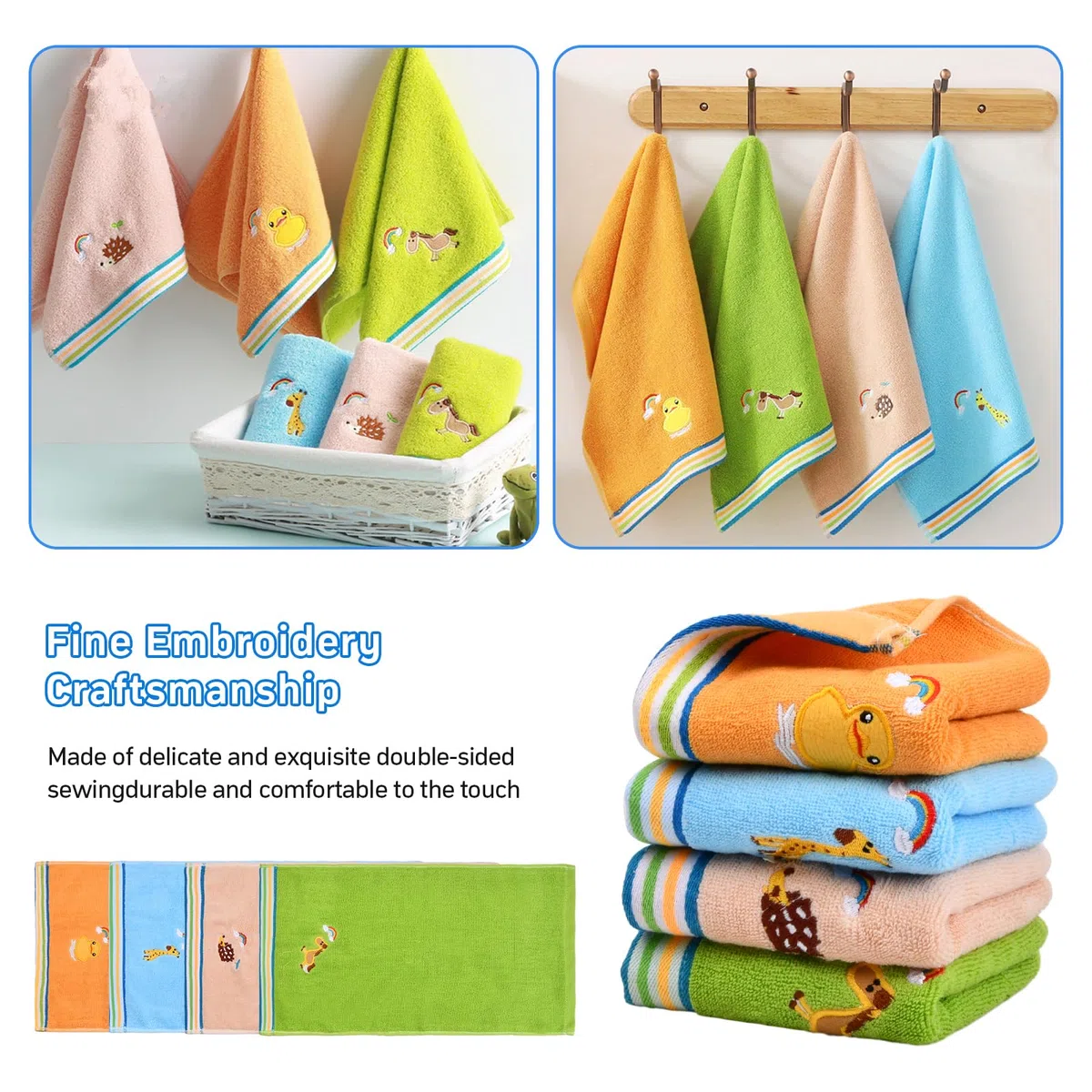 Lot de 4 Serviette de Toilette pour Enfants,100% Coton Gant de Toilette pour Bébé,Gant de Toilette Super Doux,Chiffon de Nettoyage Réutilisable pour Le Visage de Bébé (26 * 50cm) (Stripes)