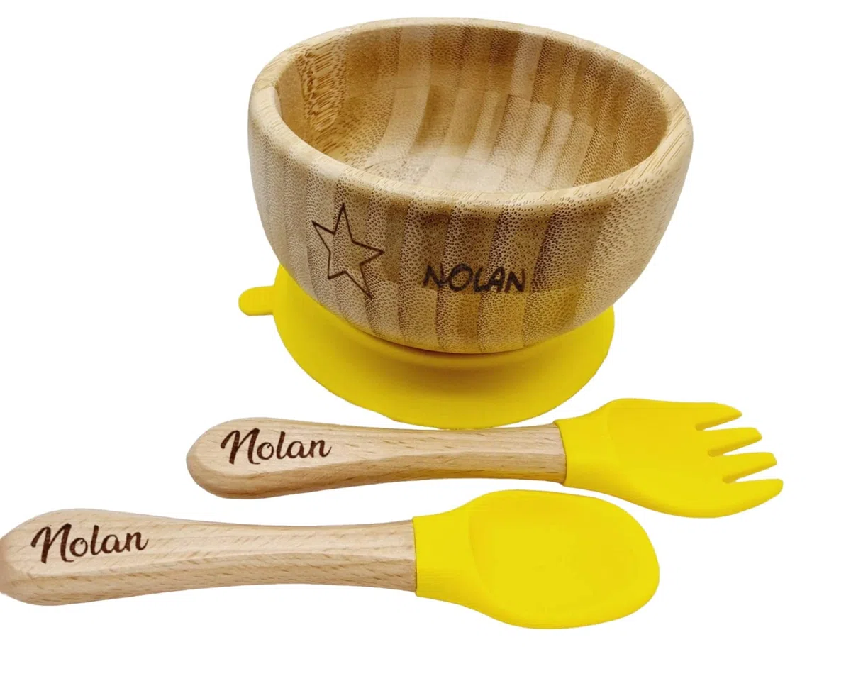 Bol et couverts personnalisés au prénom de l'enfant - Cadeau Noel - Cadeau Anniversaire -Diversification alimentaire - Idée Cadeau Originale