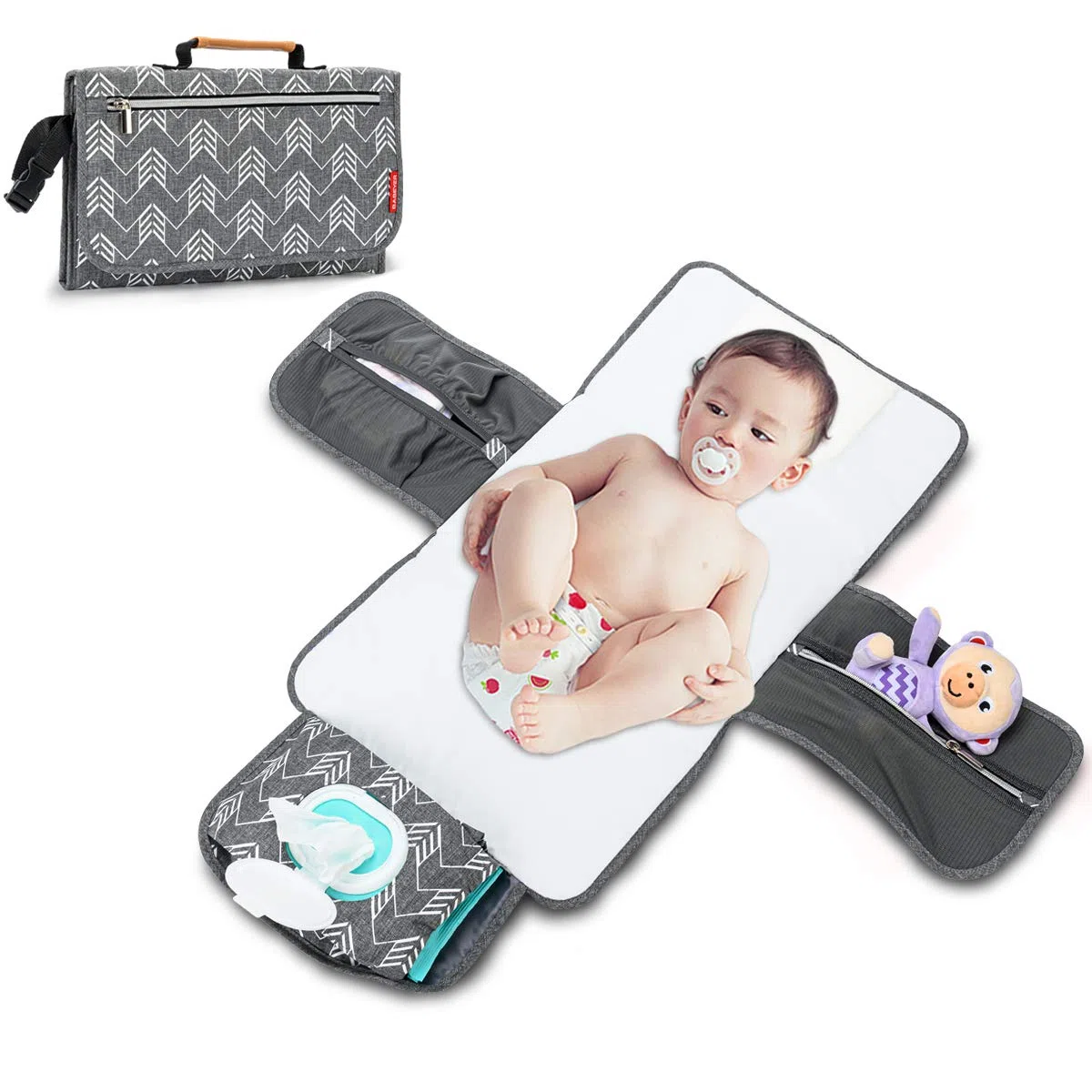Matelas à langer portable avec poches de rangement pour tout-petits, nourrissons et nouveau-nés, gris