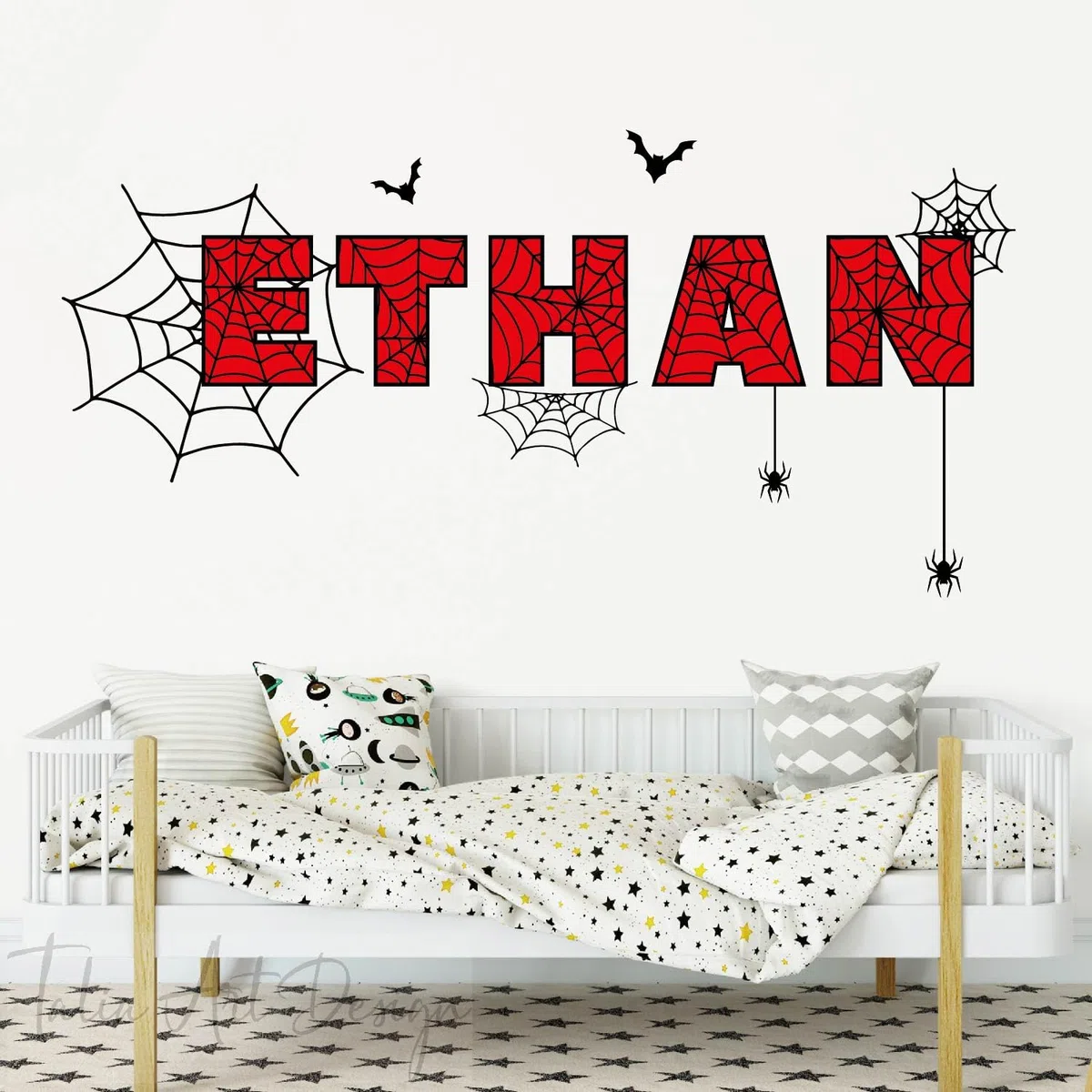 Décalcomanie personnalisée pour nom - Décor mural pour enfants - Autocollant mural sur le thème de la toile d'araignée - Décor mural pour chambre de garçon