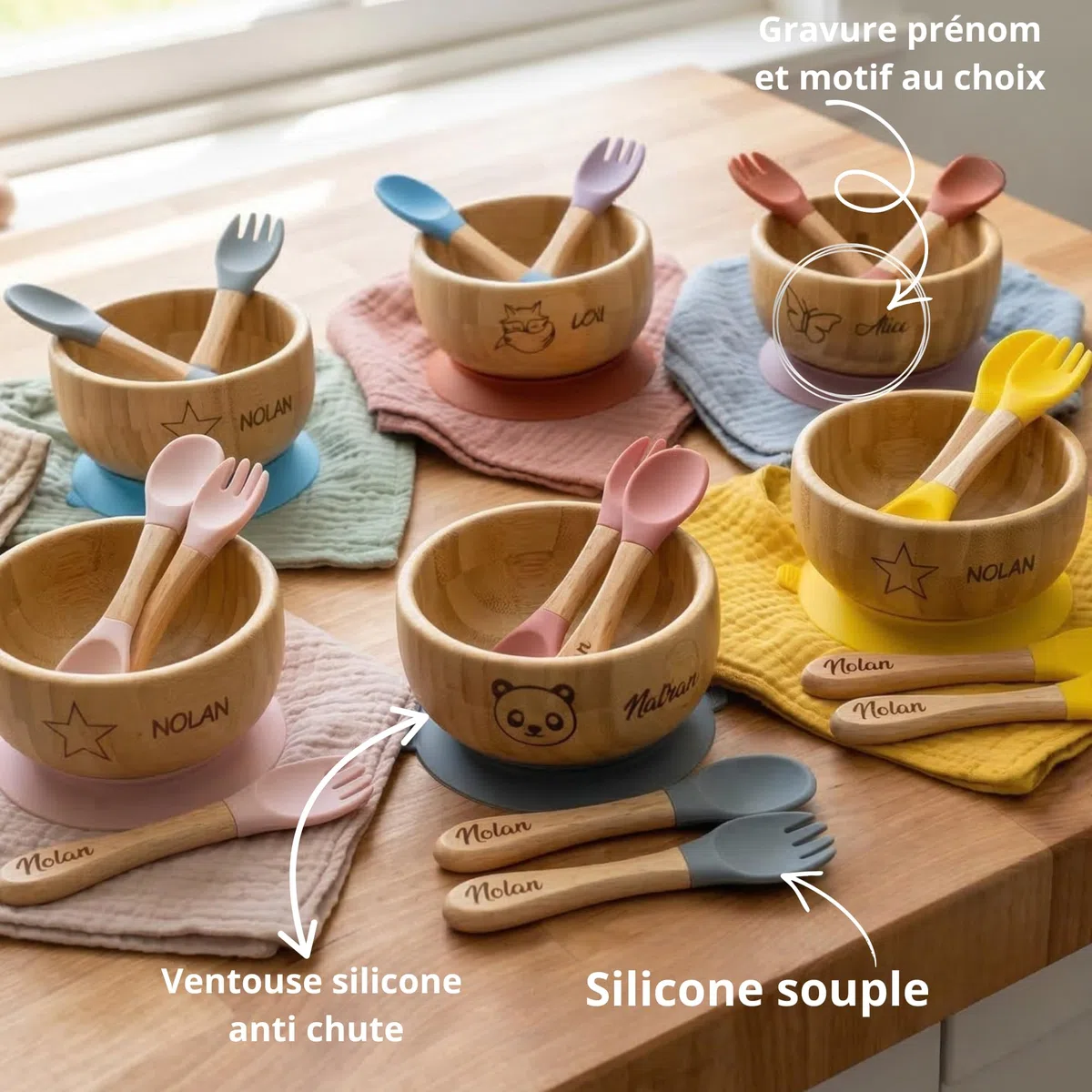 Bol et couverts personnalisés au prénom de l'enfant - Cadeau Noel - Cadeau Anniversaire -Diversification alimentaire - Idée Cadeau Originale