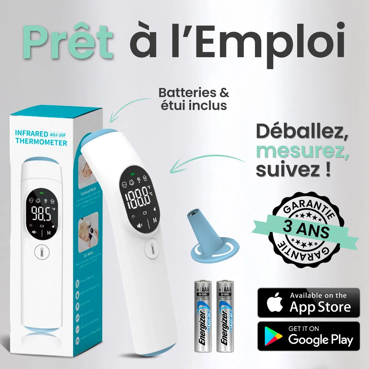 Thermomètre Frontal et Auriculaire Infrarouge FARMAQO 4 en 1, Sans Contact Bébé Enfant Adulte, Bluetooth avec Application VitaConnect, Mesure en 1 Seconde, Alerte Fièvre 3 Couleurs, Garantie 3 Ans