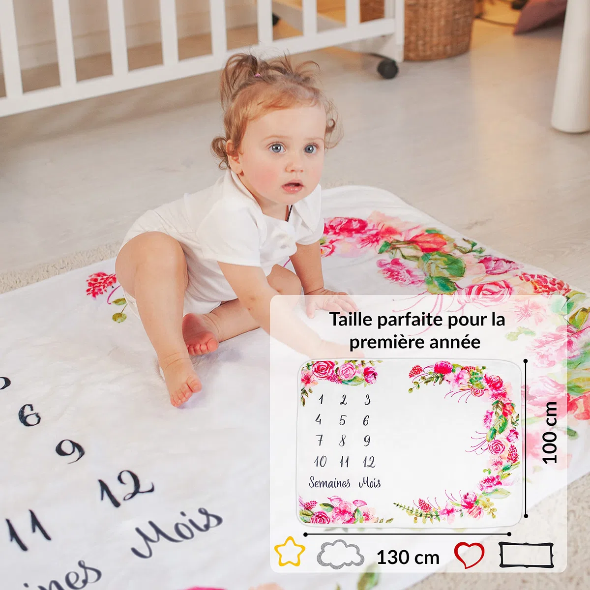 Couverture Etape Bébé en Français | Tapis Mois Bebe Garçon Ou Fille, Unisexe | Thème Fleurs, Feuilles | Cadeau Baby-Shower Personnalisé Jeunes Mamans | Tapis Photo Bebe | Doux, Confortable