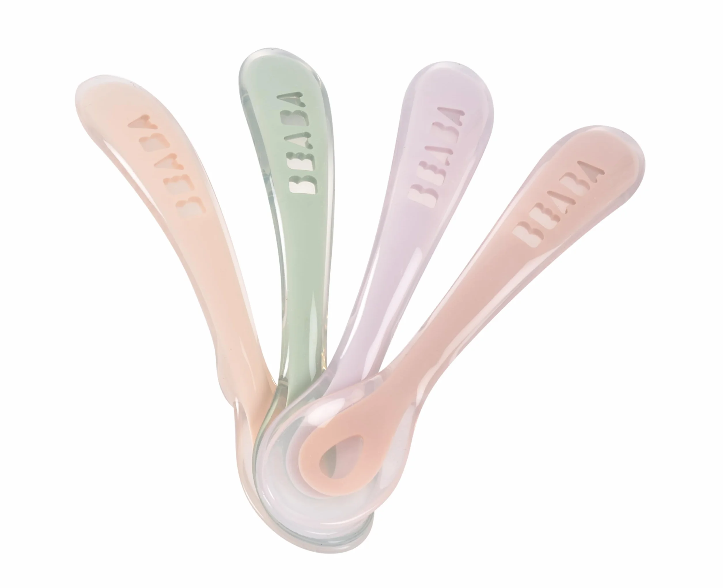 BÉABA, Lot de 4 Cuillères en Silicone pour Bébé et Enfant, 2ème Âge, à partir de 8 mois, Souple, Bout arrondi, Manche Ergonomique, la couleur peut varier