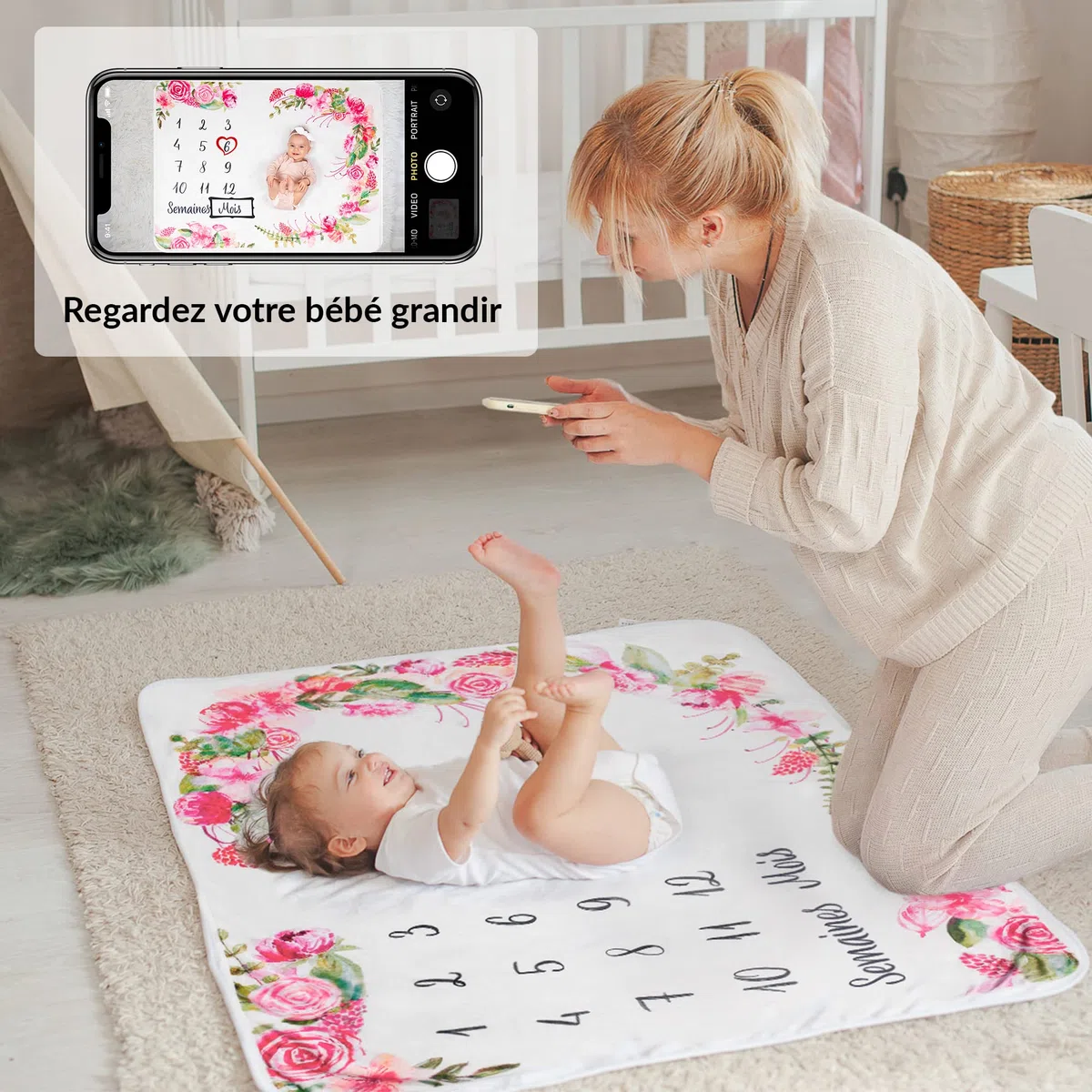 Couverture Etape Bébé en Français | Tapis Mois Bebe Garçon Ou Fille, Unisexe | Thème Fleurs, Feuilles | Cadeau Baby-Shower Personnalisé Jeunes Mamans | Tapis Photo Bebe | Doux, Confortable