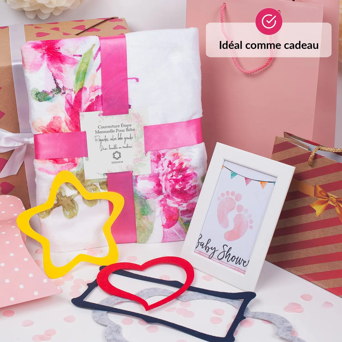 Couverture Etape Bébé en Français | Tapis Mois Bebe Garçon Ou Fille, Unisexe | Thème Fleurs, Feuilles | Cadeau Baby-Shower Personnalisé Jeunes Mamans | Tapis Photo Bebe | Doux, Confortable