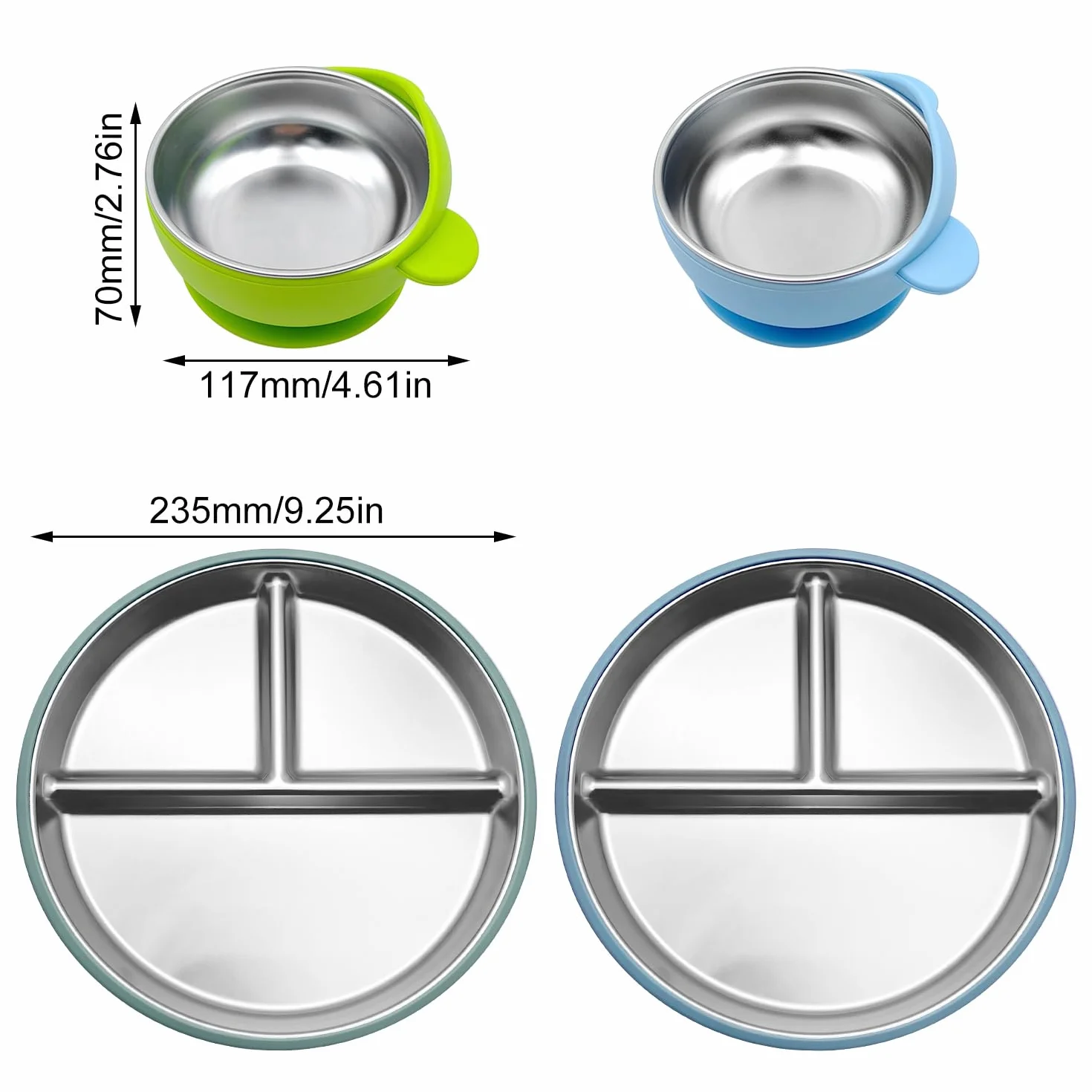 Assiette Bébé Ventouse et Bols en Acier Inoxydable et Silicone, Résistants aux Chutes, Lavables au Lave-Vaisselle, 4 Pièces, Bleu et Vert