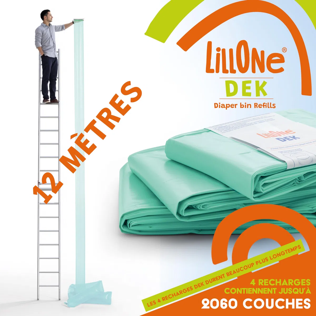 Sacs de Recharges LillOne Compatibles avec les Poubelles Korbell Classic 16 Litres et Litter Champ – Pack de 4 Recharges Poubelles à Couches - 12 Mètres de Recharge pour Litière Chats - Extra Longues