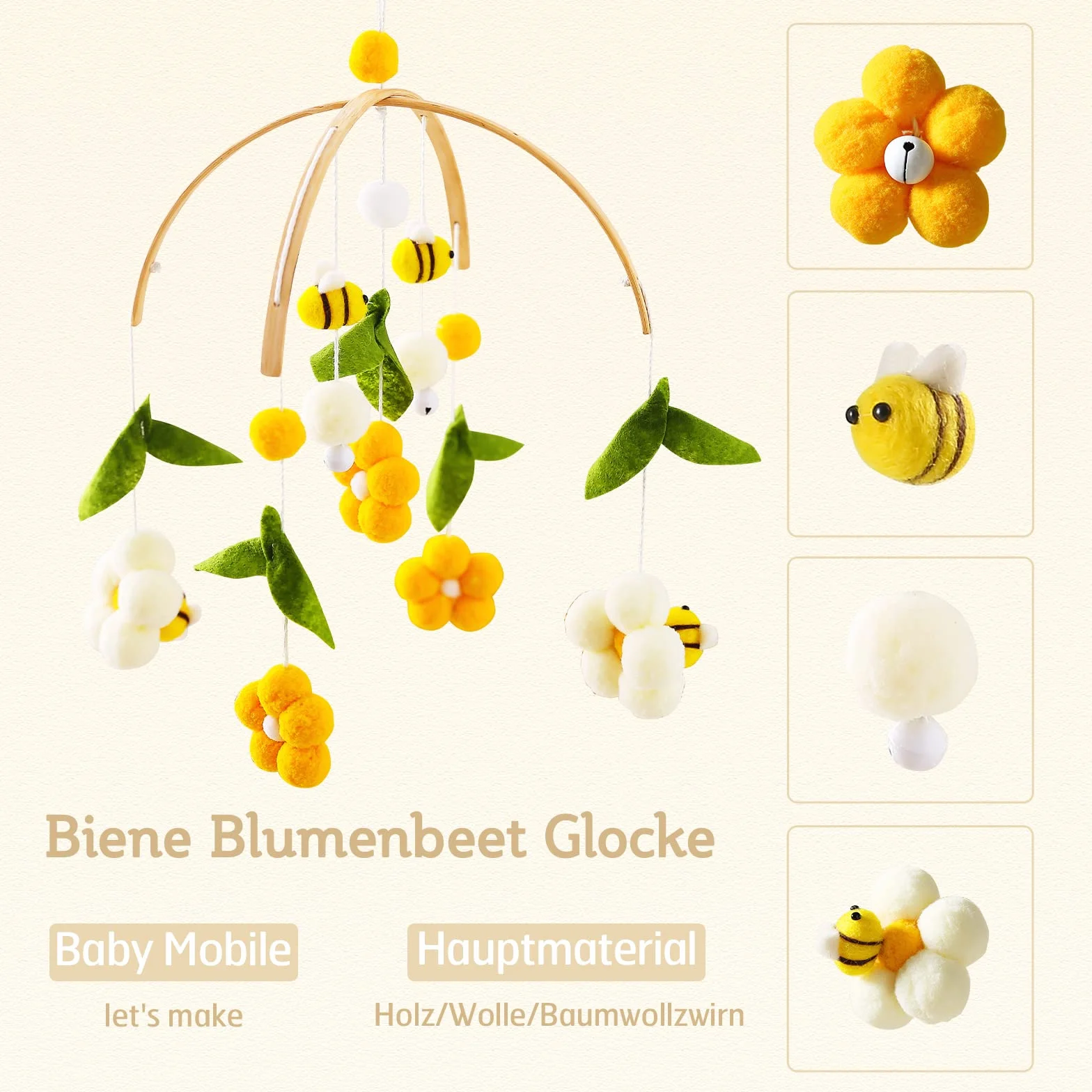 let's make Mobile bébé en bois + pelote de laine, carillon éolien, table à langer, clochette de lit suspendue, étoiles et lune, cadeau pour bébé fille ou garçon (Abeilles)