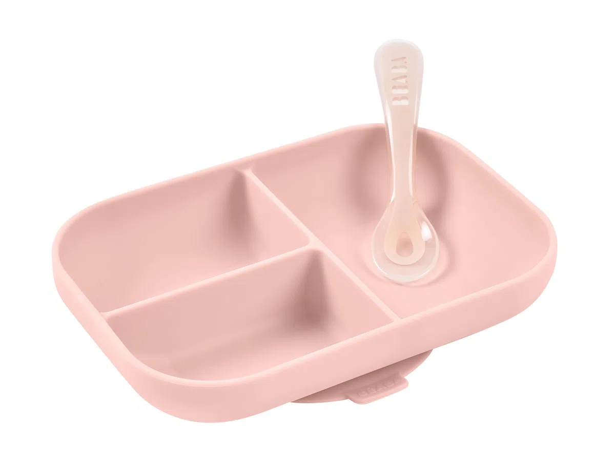 BÉABA, Set Repas Bébé, Avec Ventouse, Anti dérapant, Assiette Silicone Compartimentée + Cuillère, Sain et Durable, Compatible lave-vaisselle, Micro-onde, Congélateur, Facile d'entretien, Rose
